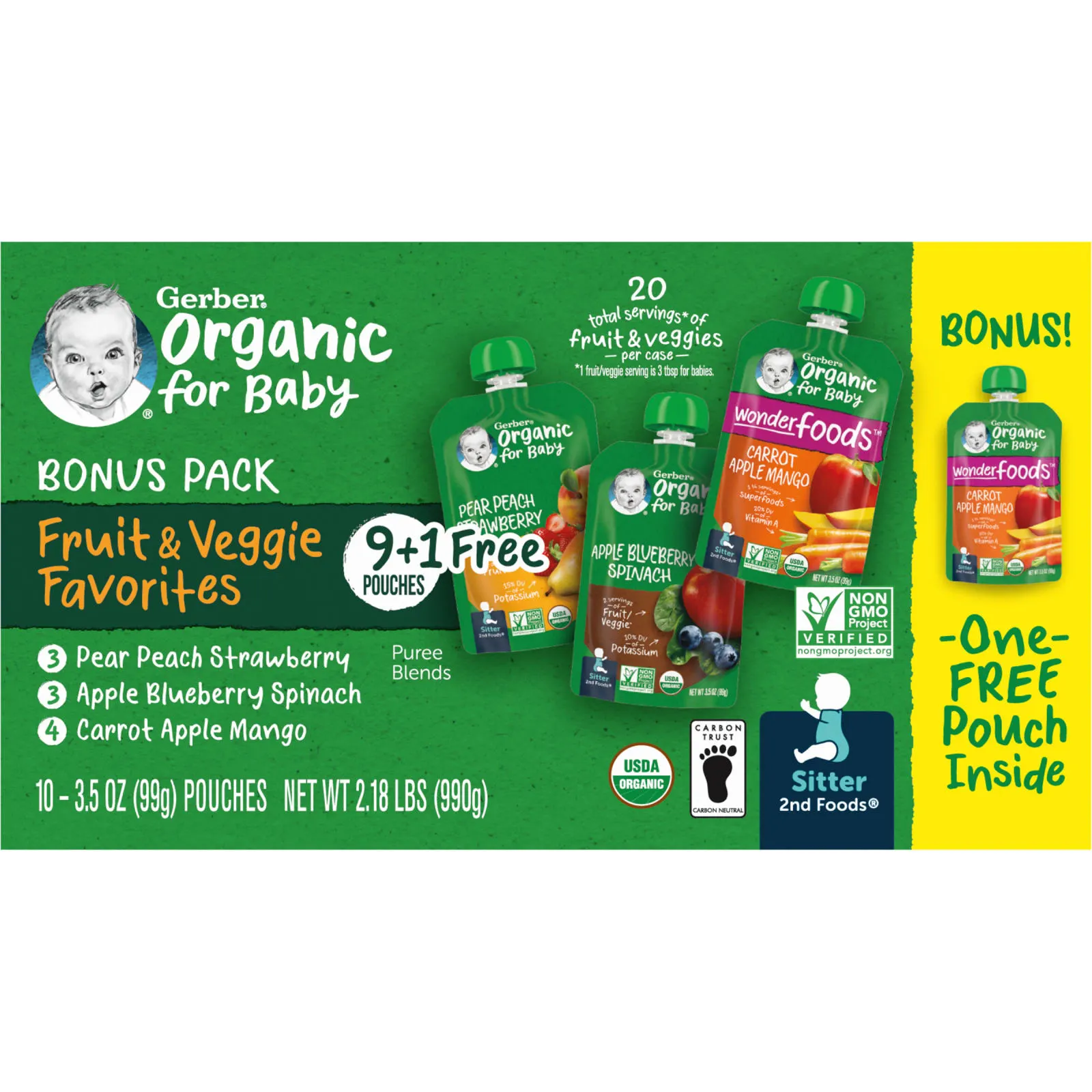 Gerber, Organic for Baby, 2nd Foods, любимые фрукты и овощи, 9 пакетиков, 99 г (3,5 унции)