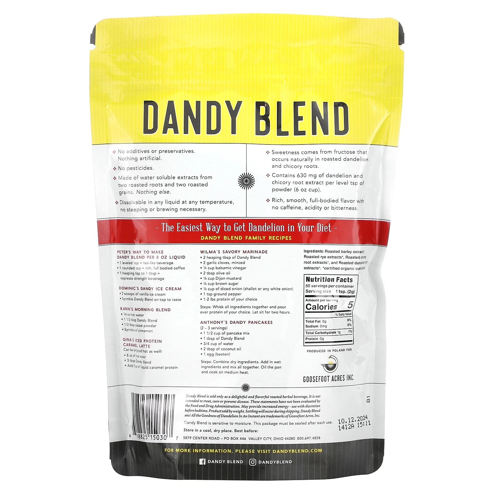 Dandy Blend, растворимый травяной напиток с органическим одуванчиком, без кофеина, 100 г (3,53 унции)