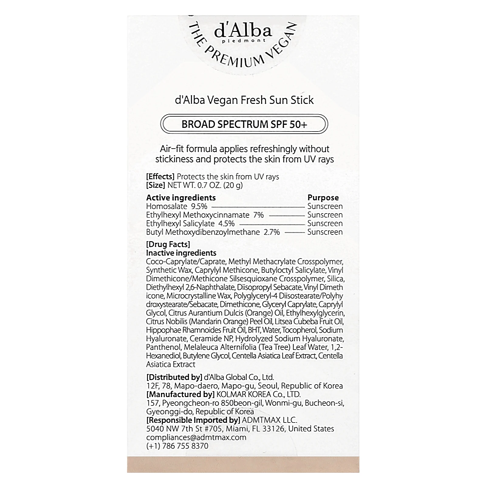d'Alba, Vegan Fresh Sun Stick, SPF 50+, 20 г (0,7 унции)