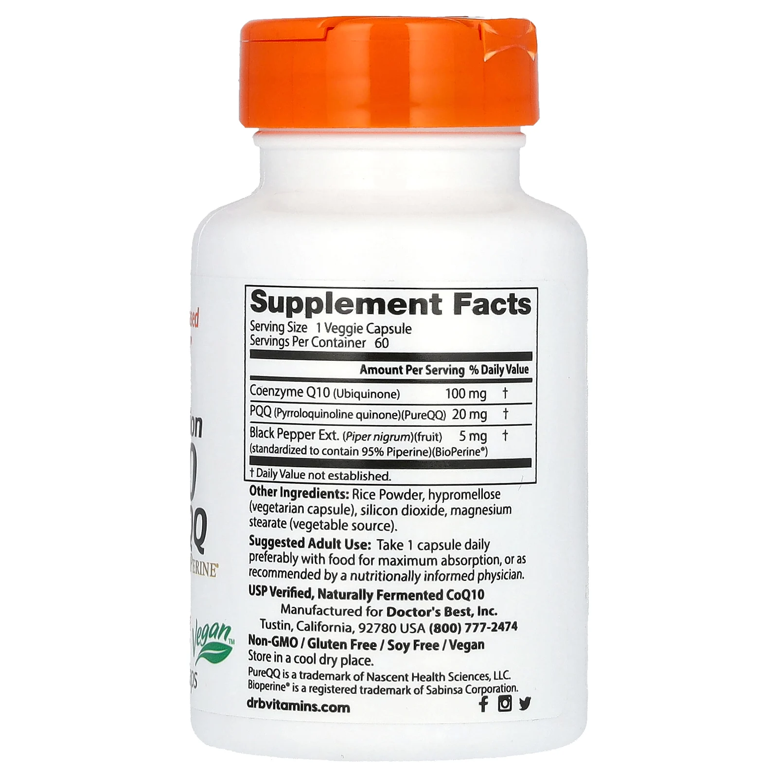 Doctor's Best, коэнзим Q10, 100 мг, пирролохинолинхинон, 20 мг, 60 растительных капсул