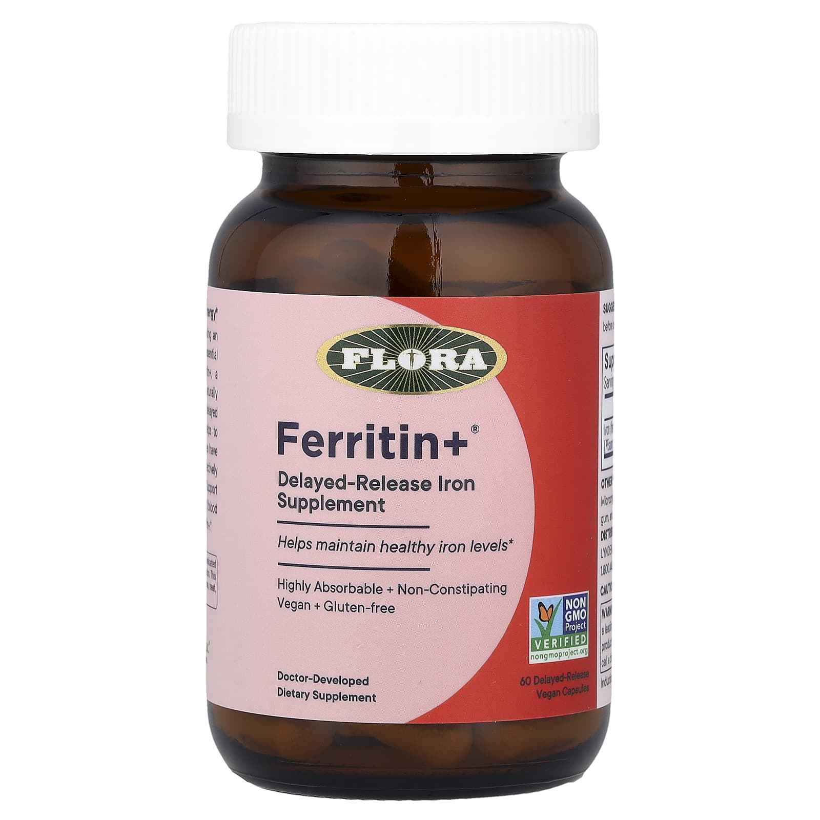 Flora, Ferritin +®, 60 веганских капсул с отсроченным высвобождением (20 мг в 1 капсуле)
