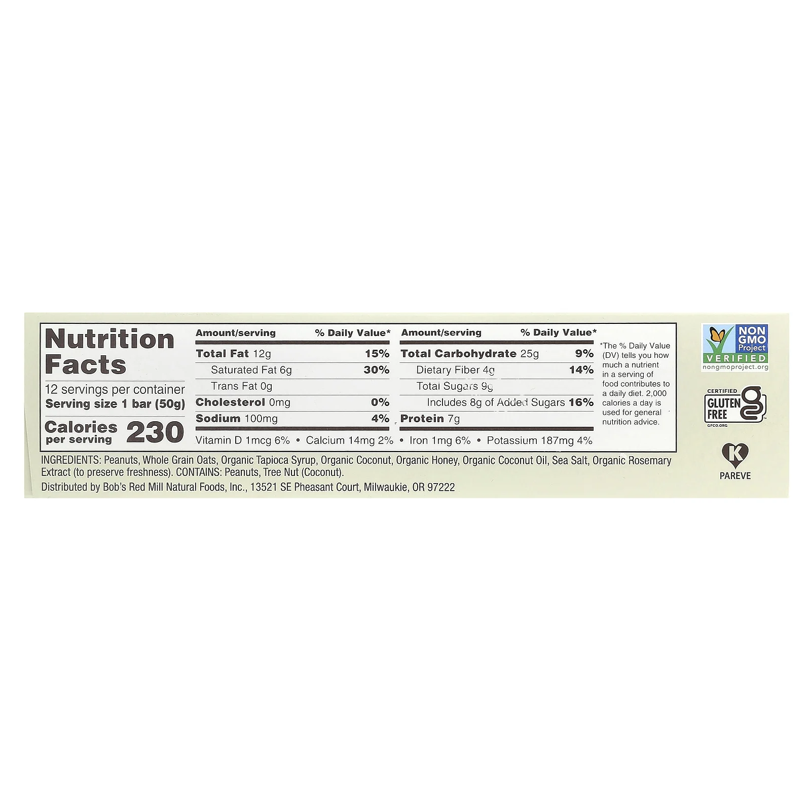 Bob's Red Mill, Bob's Bar ™, арахисовая паста, кокос и овес, 12 батончиков по 50 г (1,76 унции)