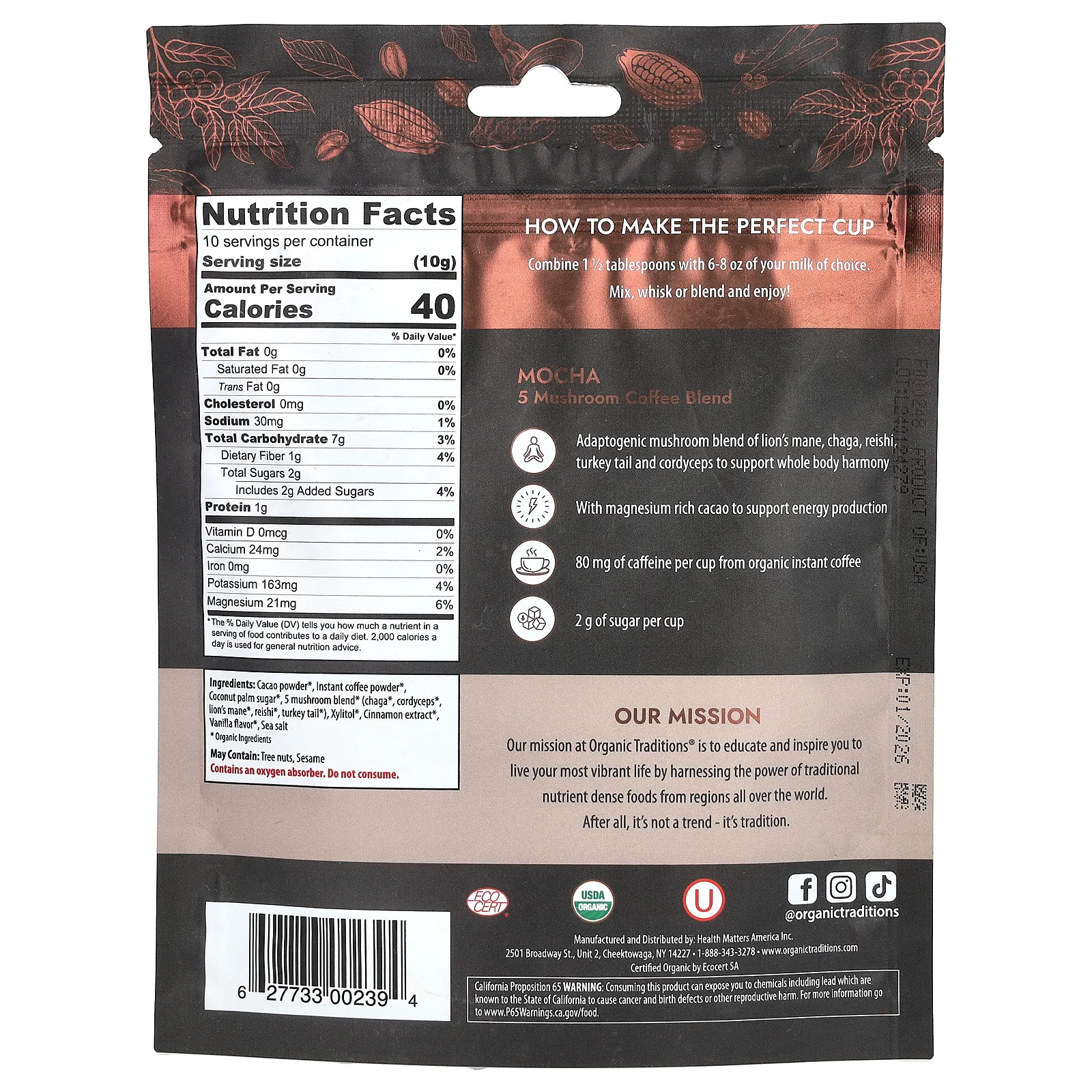 Organic Traditions, Смесь 5 грибов и кофе, мокко, 100 г (3,5 унции)