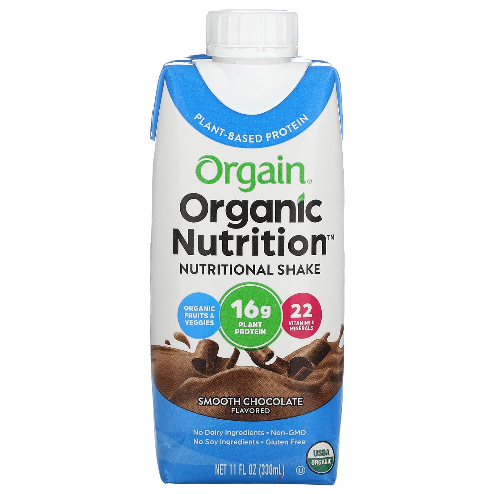 Orgain, Organic Nutrition, питательный коктейль, гладкий шоколад, 4 пакетика по 330 мл (11 жидк. Унций)