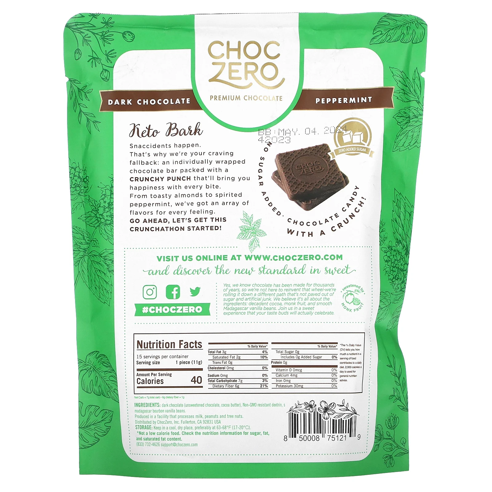 ChocZero, Keto Bark, перечная мята в темном шоколаде, 15 мини-упаковок, 170 г (6 унций)