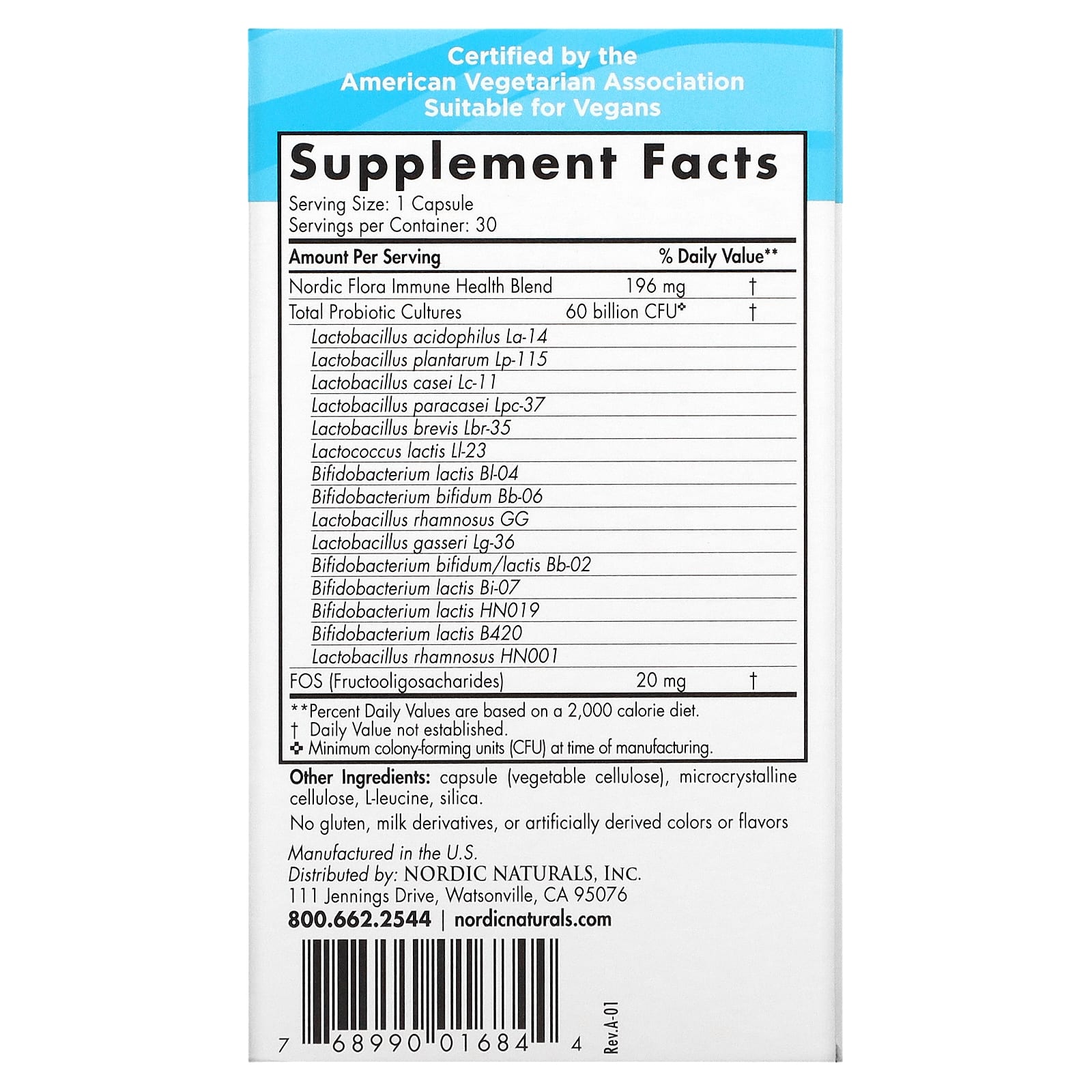 Nordic Naturals, Nordic Flora Probiotic, для поддержания здоровья иммунной системы, 60 млрд КОЕ, 30 капсул
