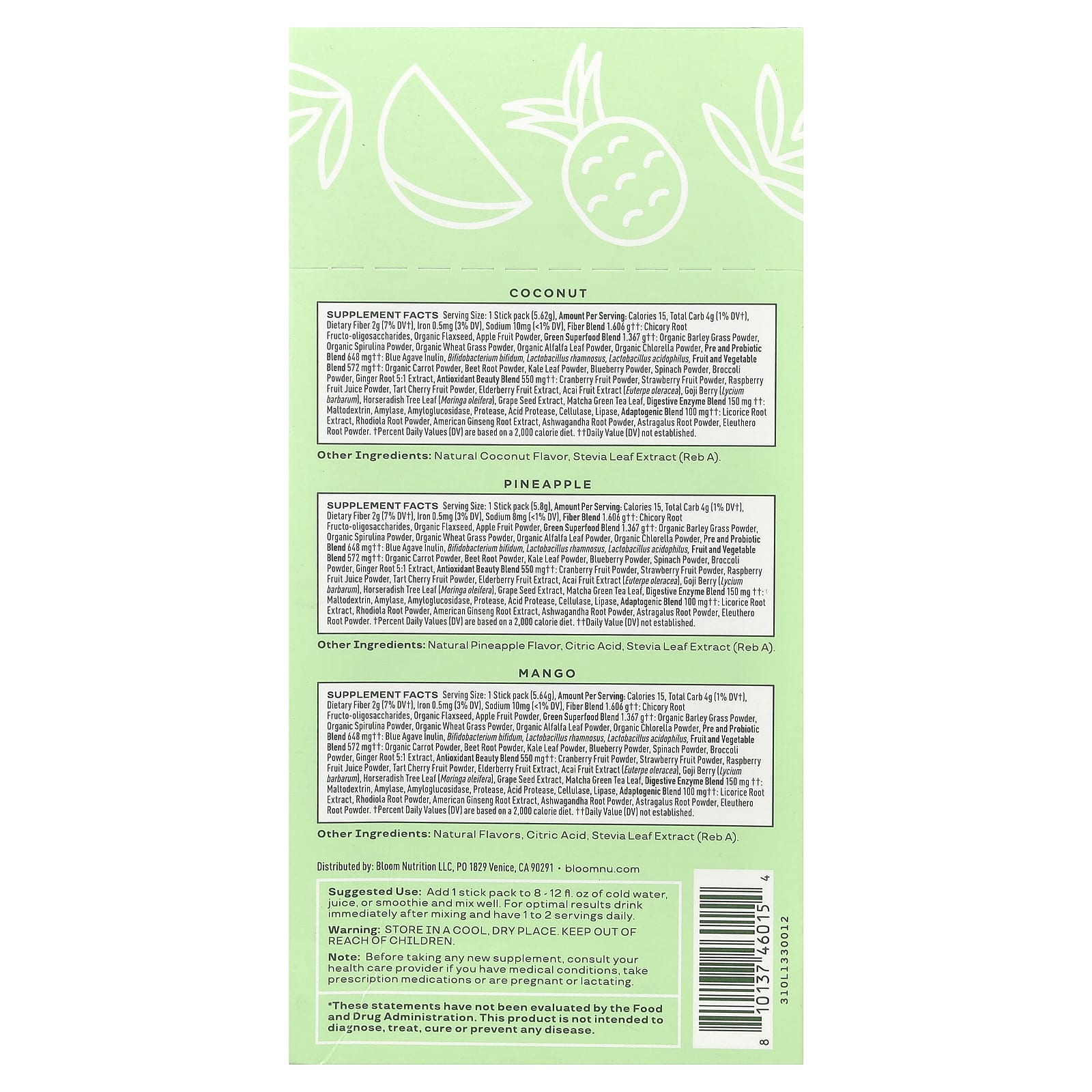 Bloom, Greens & Superfoods, тропическая упаковка, 18 пакетиков, 102,36 г (3,6 унции)