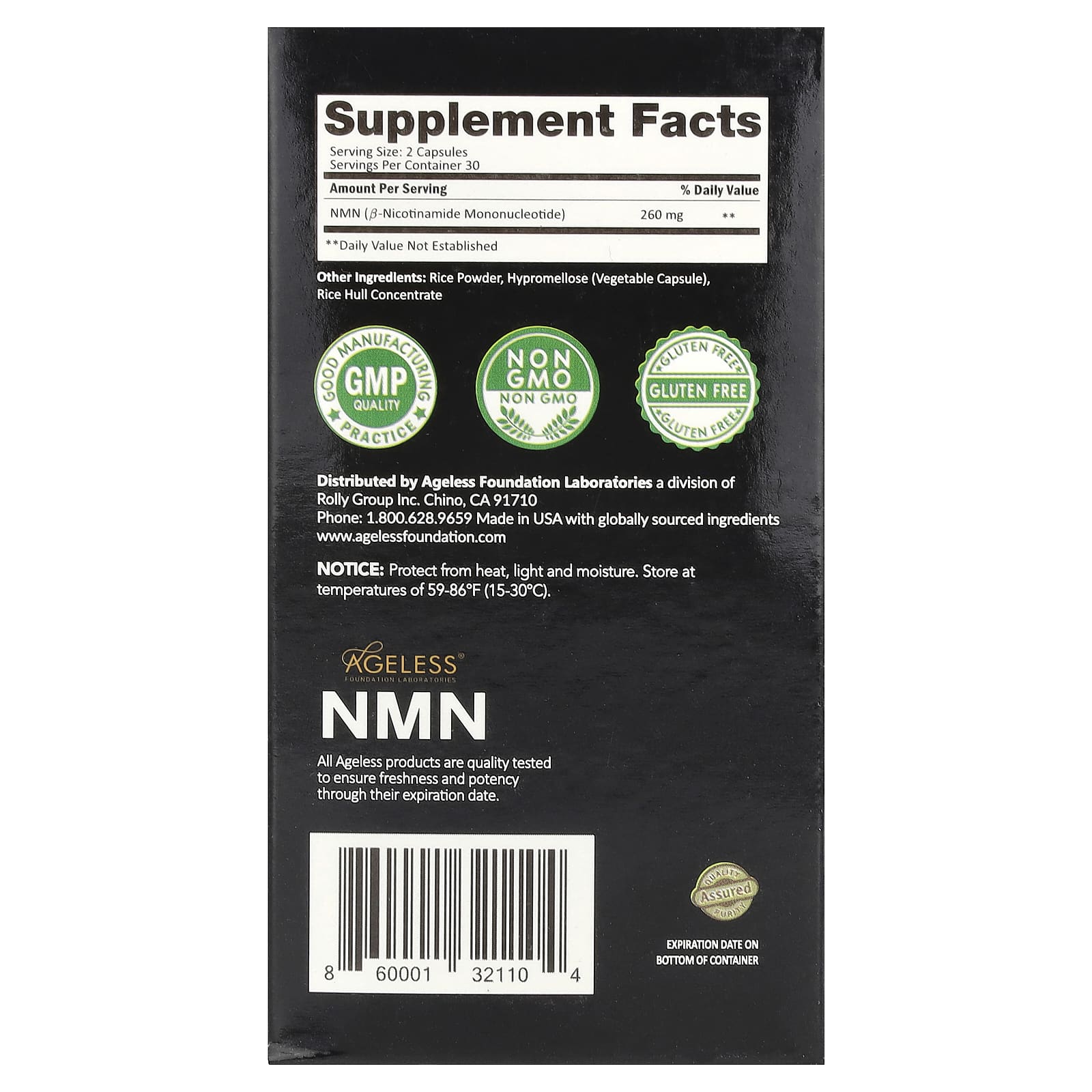 Ageless Foundation Laboratories, NMN, добавка-прекурсор НАД, 130 мг, 60 капсул