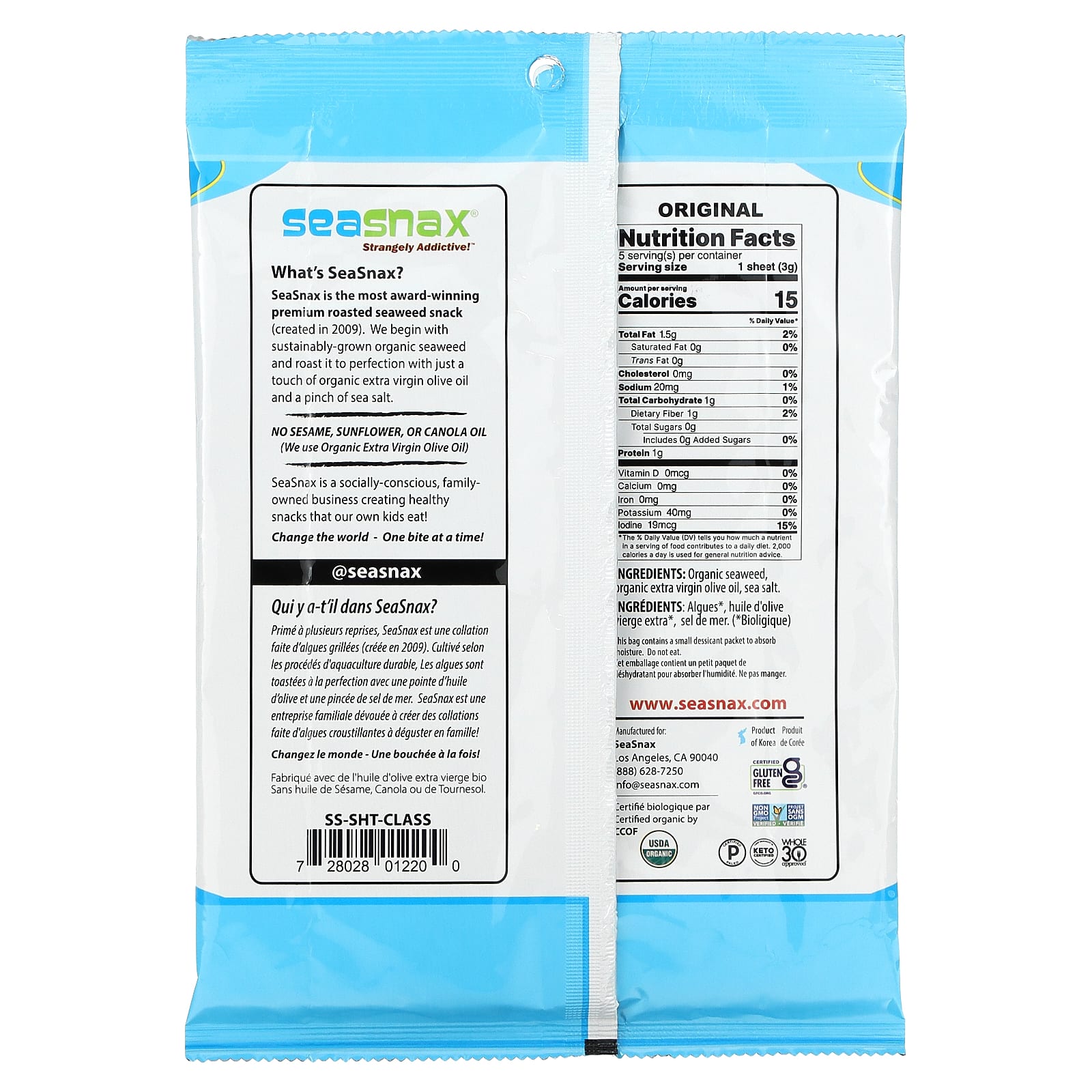 SeaSnax, упаковка органических обжаренных водорослей, оригинальный вкус, 20 больших листов, 60 г (2,16 унции)