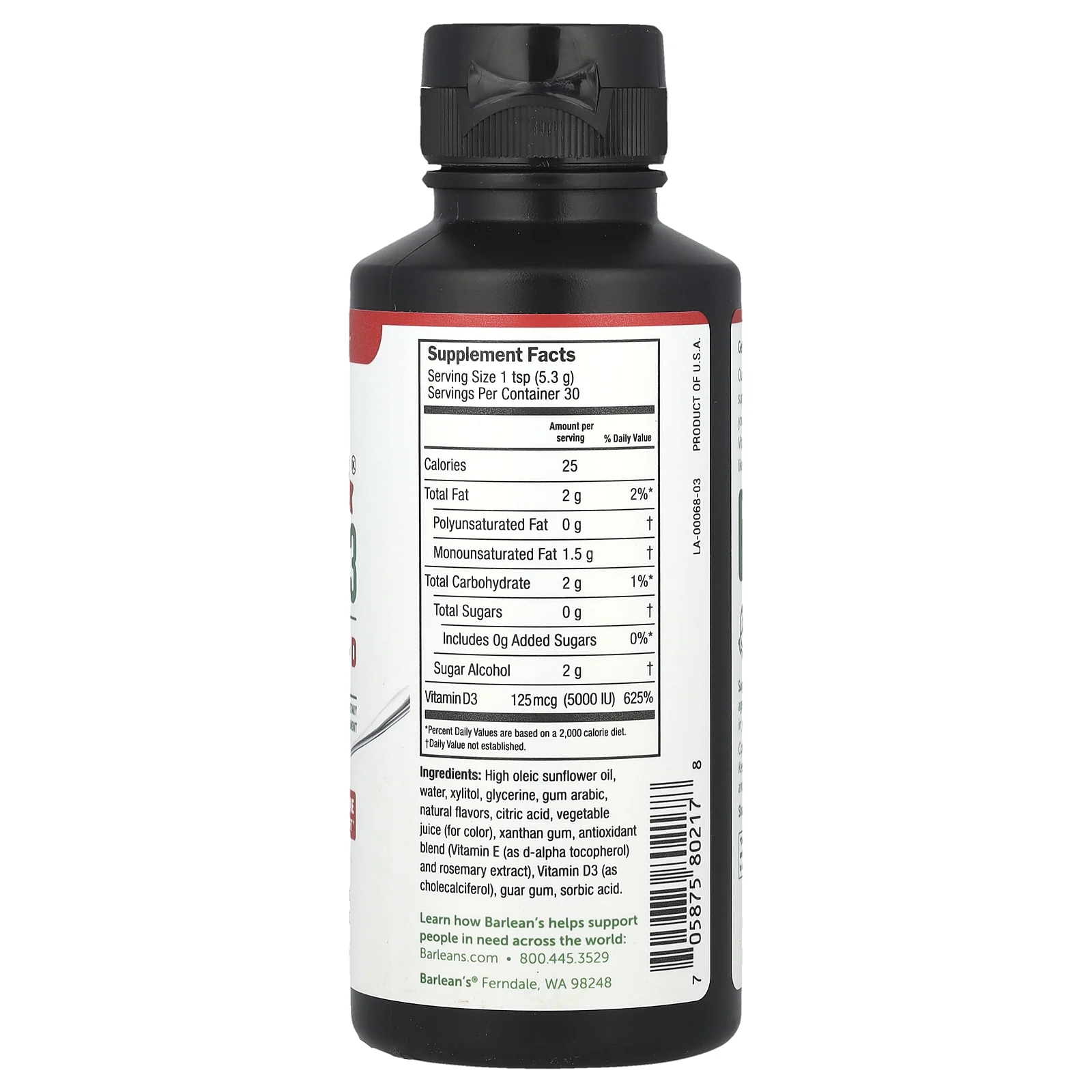 Barlean's, Seriously Delicious, жидкий витамин D3, клубничный молочный коктейль, 125 мкг (5000 МЕ), 159 г (5,6 унции)