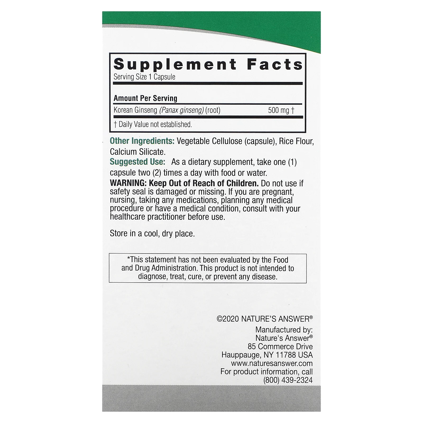 Nature's Answer, Корейский женьшень, 500 мг, 50 вегетарианских капсул