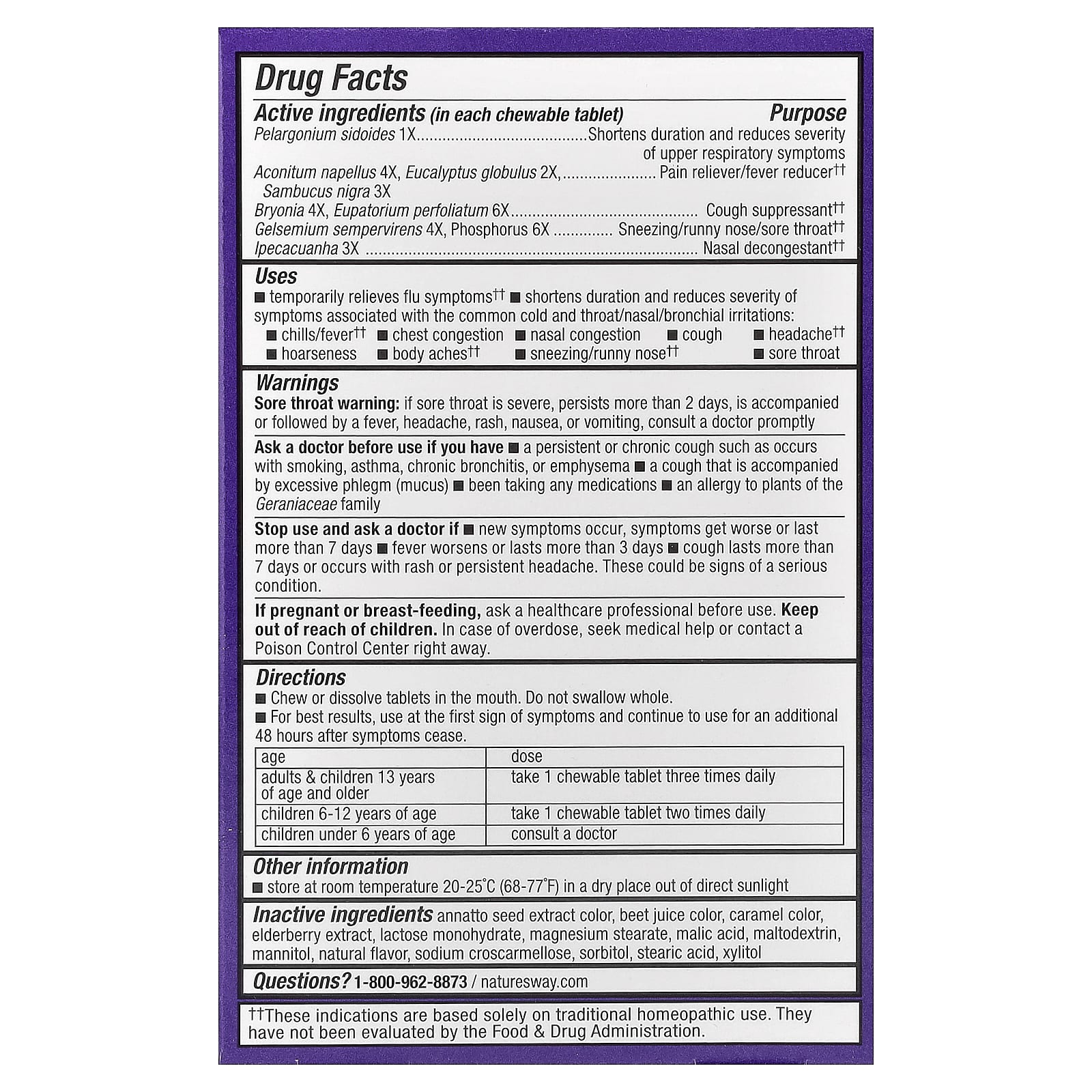 Nature's Way, Sambucus®, средство от простуды и гриппа, жевательные таблетки с бузиной, для детей от 6 лет, ягодный вкус, 20 таблеток