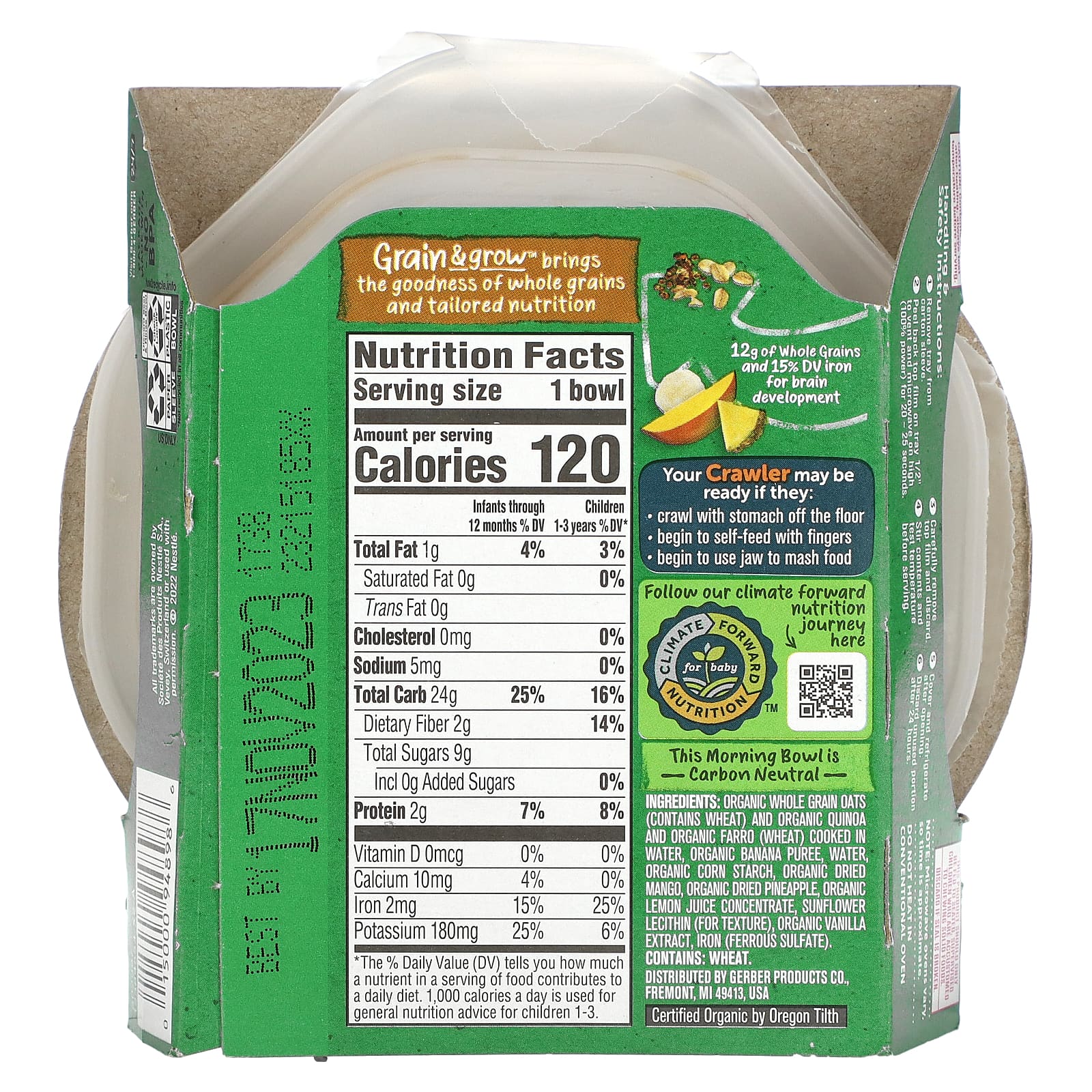 Gerber, Organic for Baby, Grain & Grow, Morning Bowl, для детей от 10 месяцев, овес, красная киноа и фарро с тропическими фруктами, 128 г (4,5 унции)