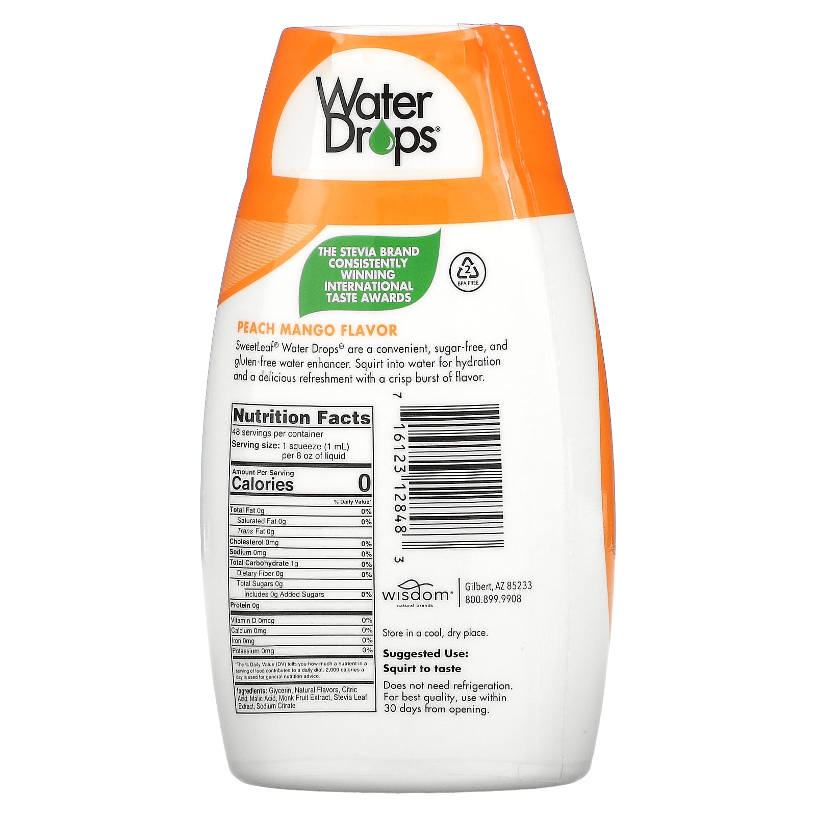 Wisdom Natural, SweetLeaf, Водные капли, Восхитительный усилитель на водной основе со стевией, Персик и манго, 1,62 ж. унц.(48 мл)