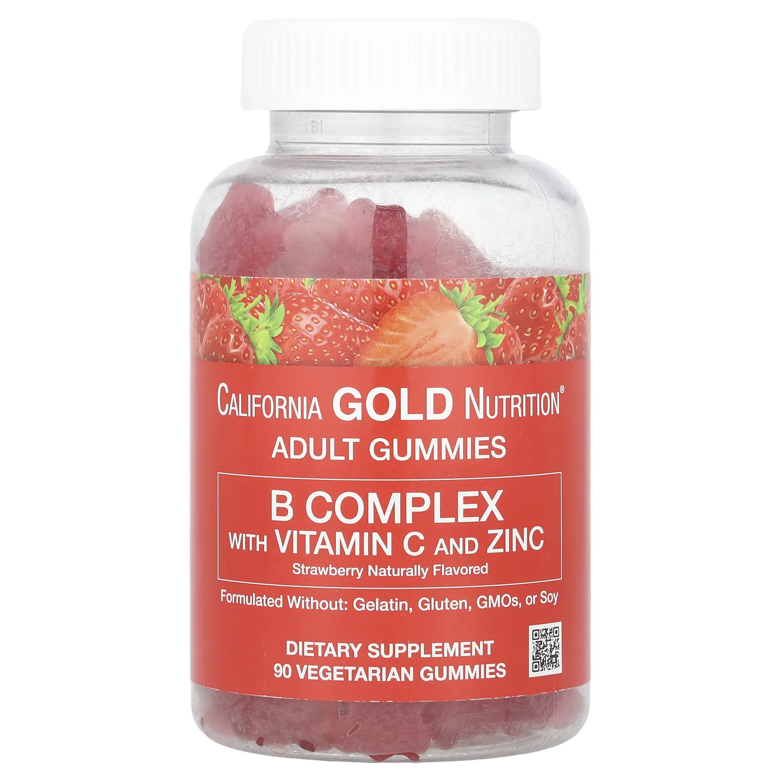 California Gold Nutrition, жевательная добавка с витаминами группы B, витамином C и цинком, натуральный клубничный вкус, 90 вегетарианских жевательных таблеток