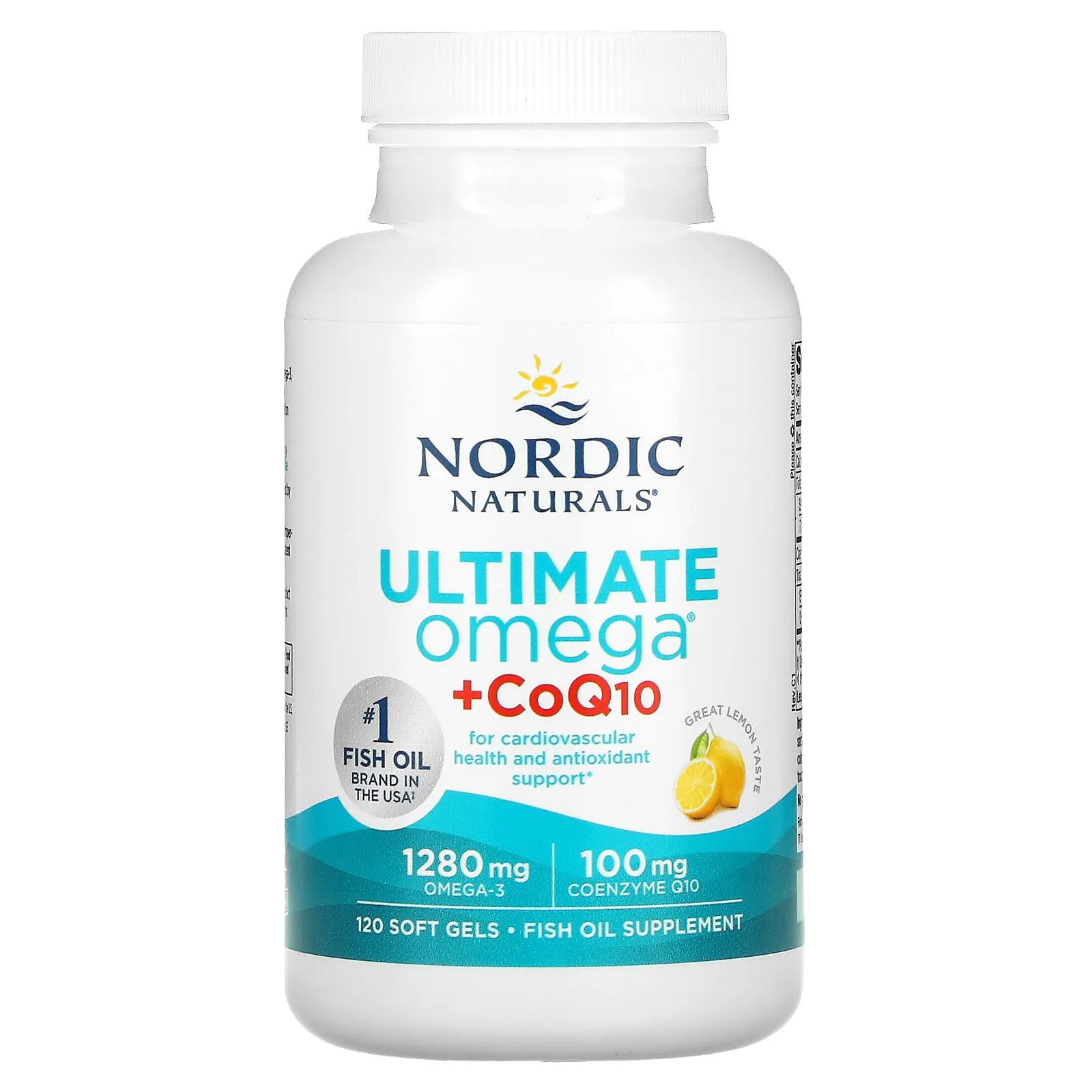 Nordic Naturals, Ultimate Omega + CoQ10, высокоэффективные омега-3 кислоты с коэнзимом Q10, со вкусом лимона, 1280 мг, 120 капсул (640 мг в 1 капсуле)