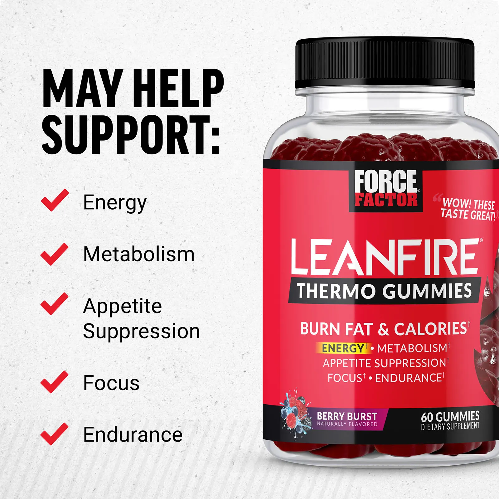 Force Factor, Leanfire Thermo, жевательные таблетки для сжигания жира, вкус ягод, 60 жевательных таблеток