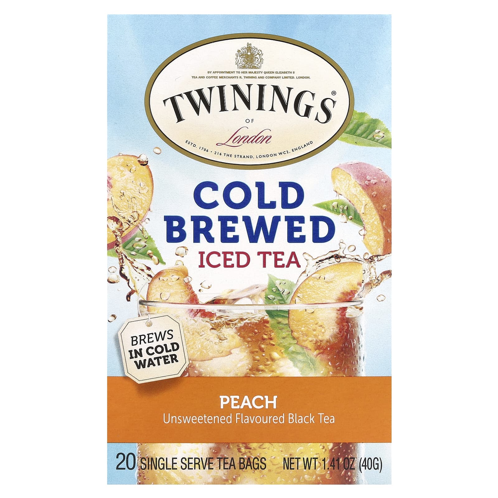 Twinings, холодный чай со льдом, несладкий черный чай, со вкусом персика, 20 чайных пакетиков на одну порцию, 40 г (1,41 унции)
