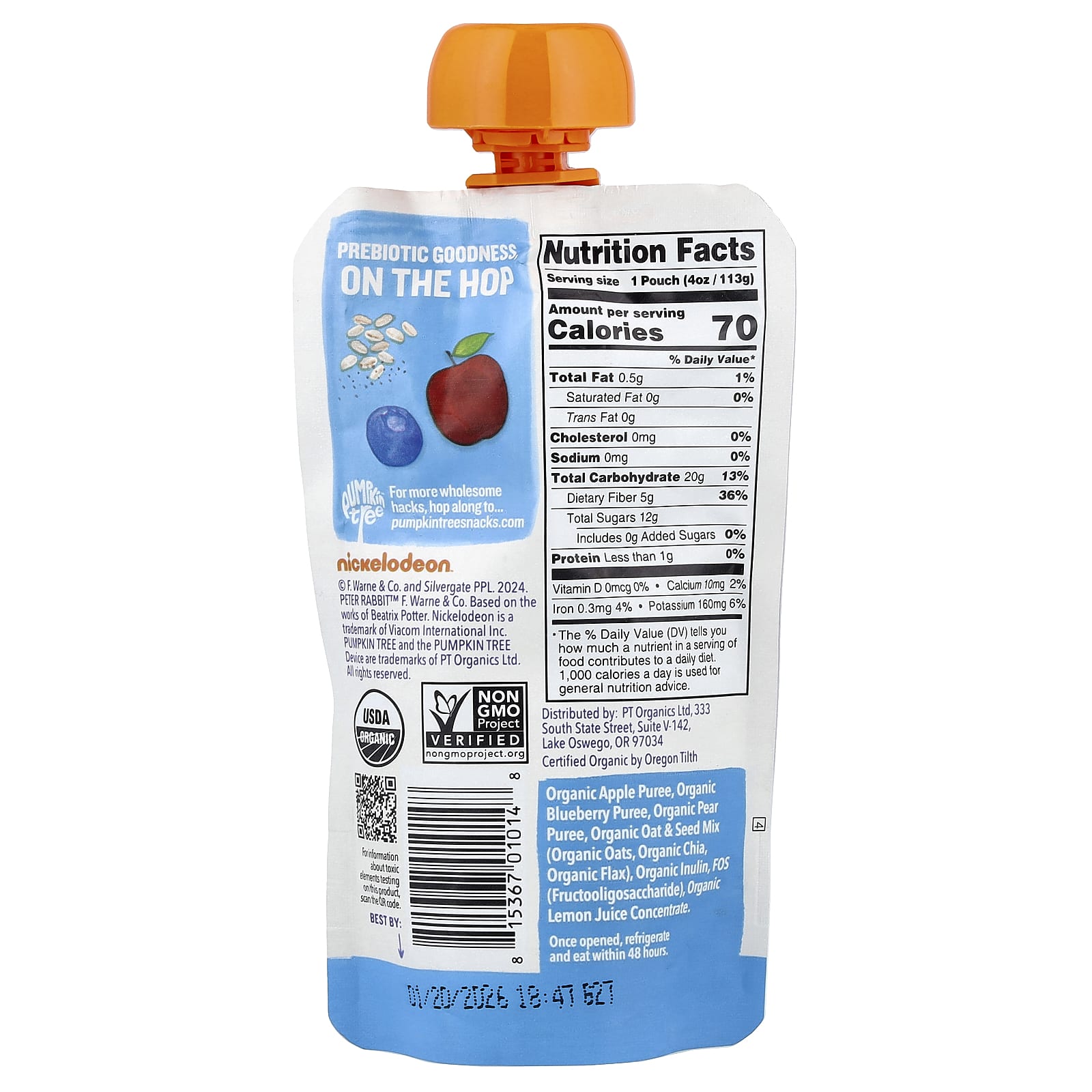 Pumpkin Tree Organics, Peter Rabbit™ Organics, органическое фруктовое пюре, овсяные хлопья и семена, яблоко и голубика, 113 г (4 унции)