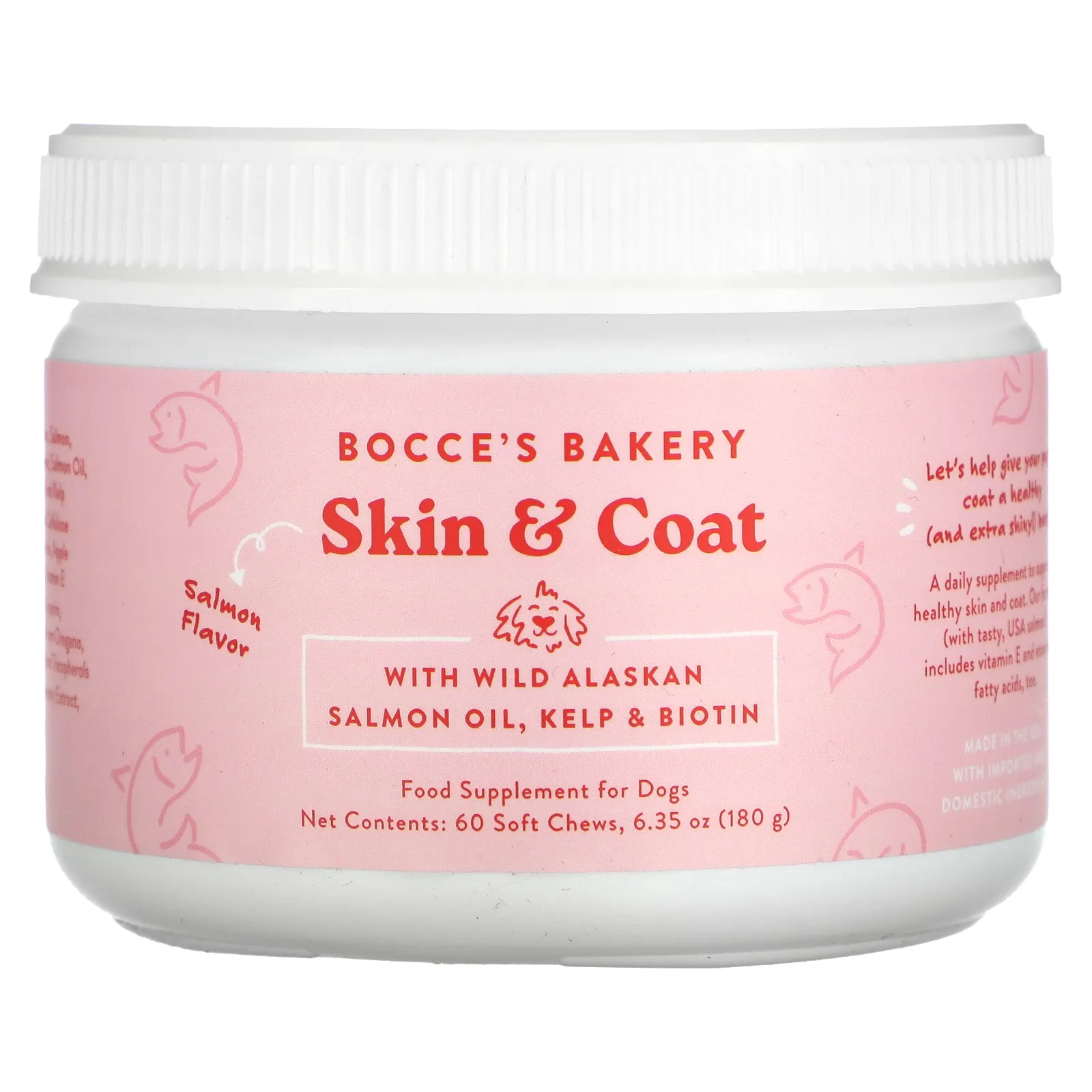 Bocce's Bakery, Skin & Coat, для собак, лосось, 60 жевательных таблеток, 180 г (6,35 унции)