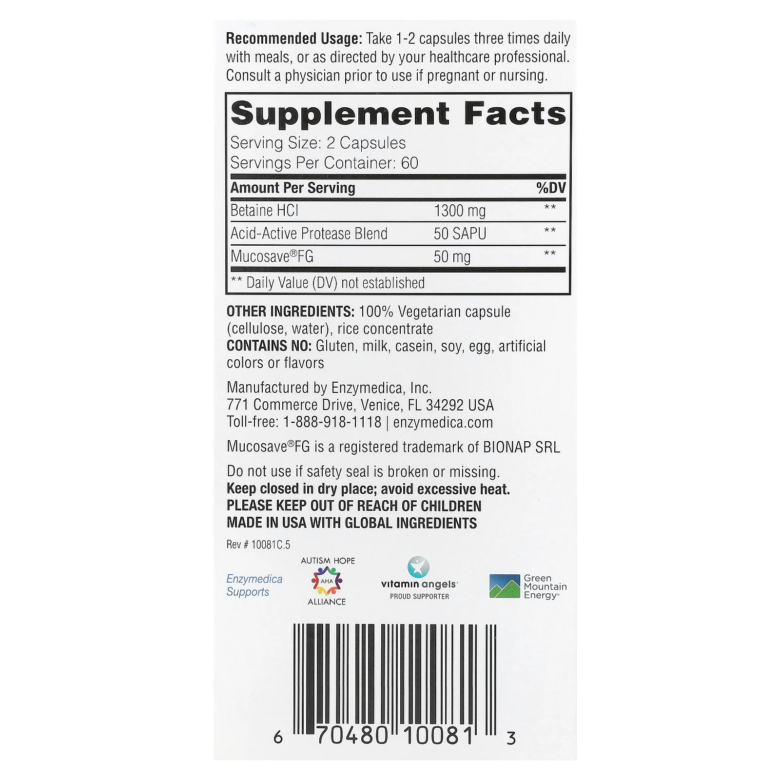 Enzymedica, бетаин гидрохлорид, 120 капсул