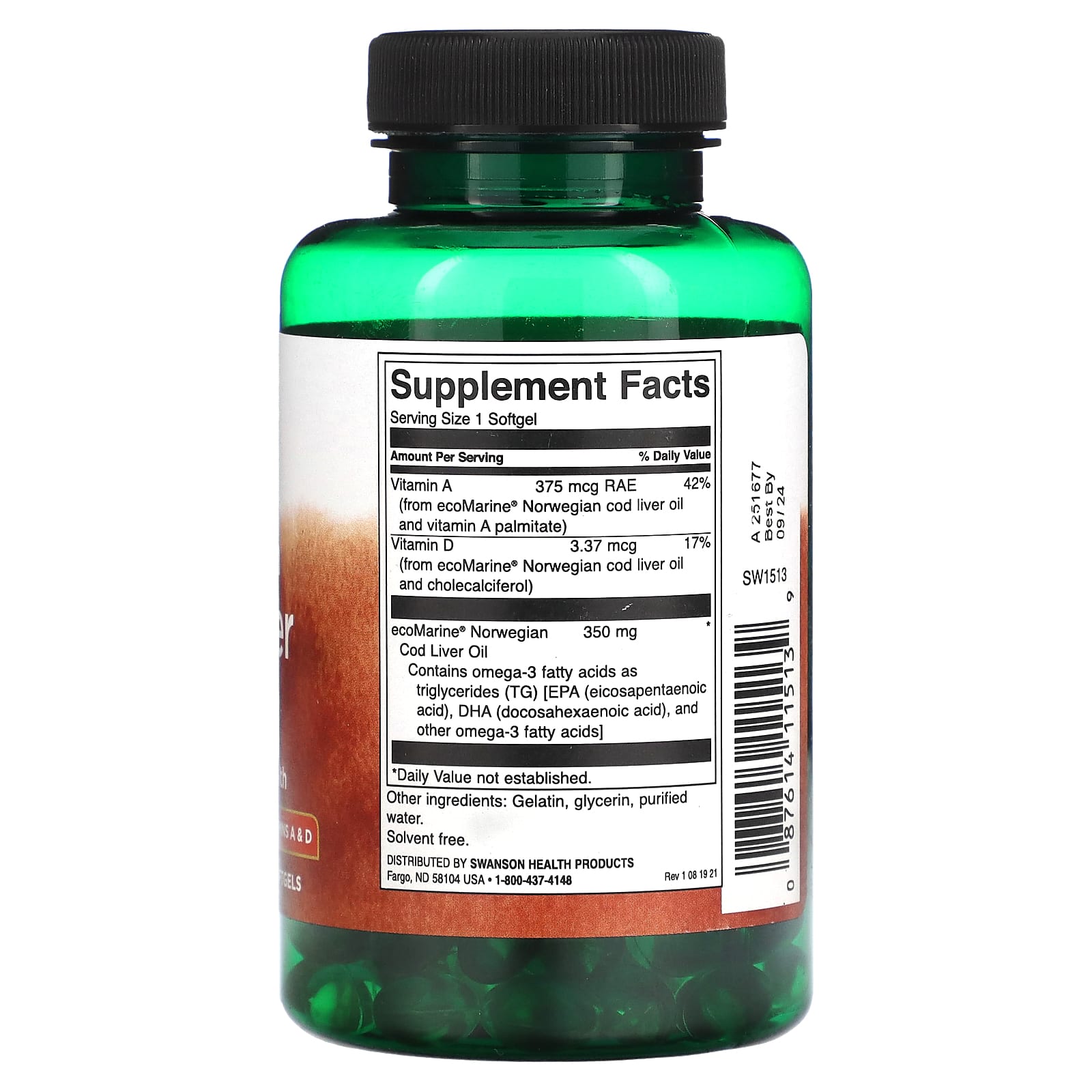 Swanson, Жир печени норвежской трески, 350 мг, 180 капсул