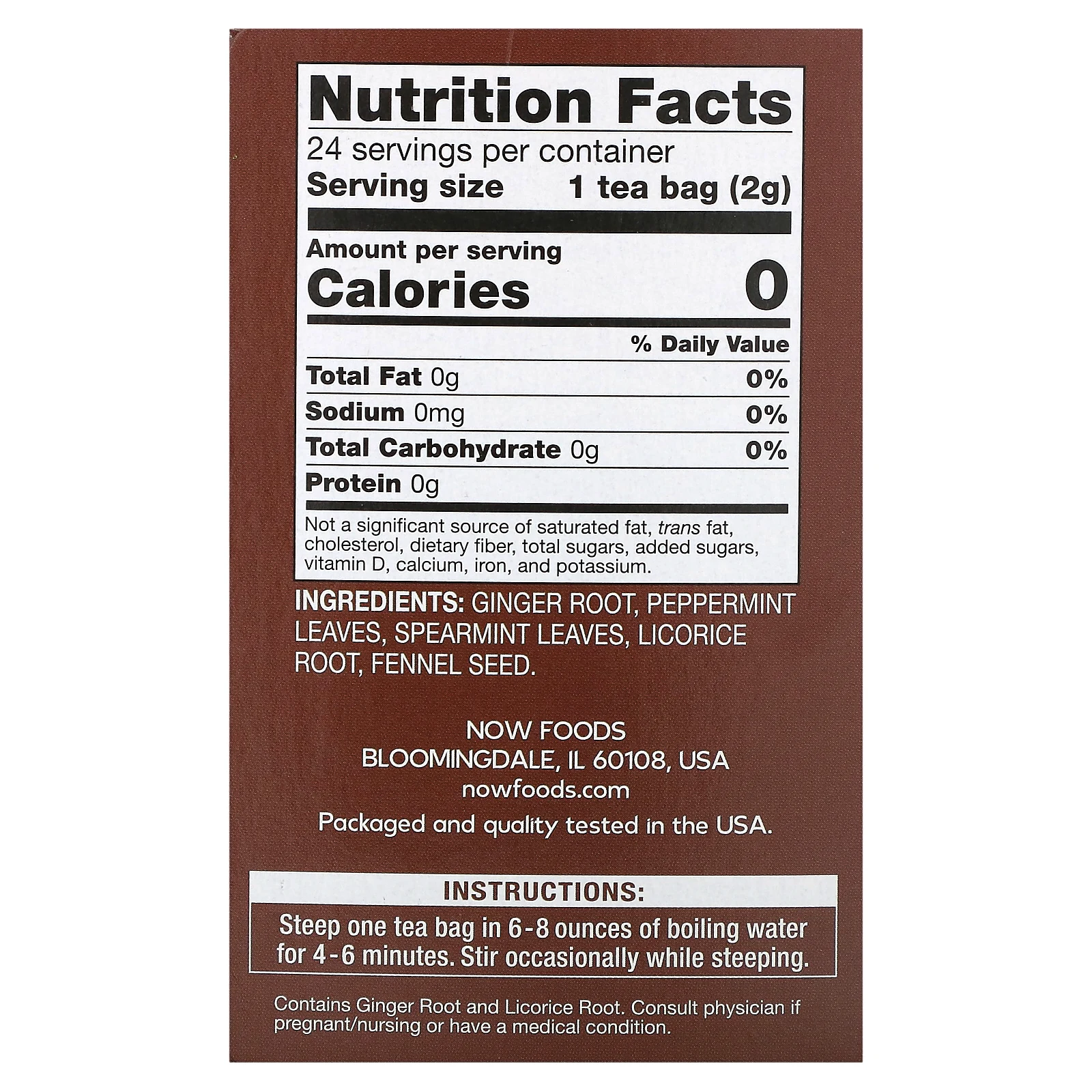 NOW Foods, имбирь и мята, без кофеина, 24 чайных пакетика, 48 г (1,7 унции)