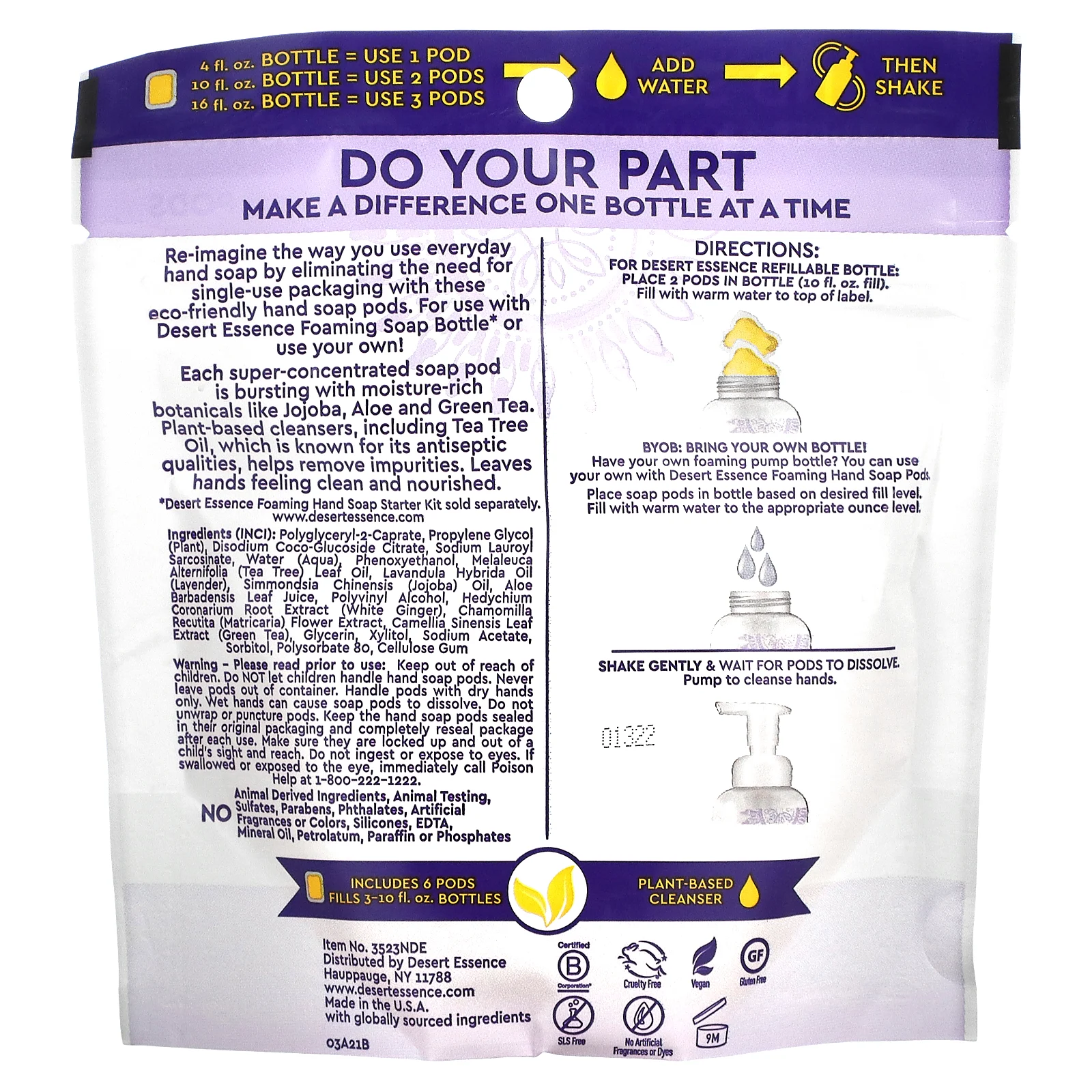 Desert Essence, Foaming Hand Soap Pods, Refills, Tea Tree Oil & Lavender, 6 Concentrated Pods, 3.8 fl oz (108 ml)