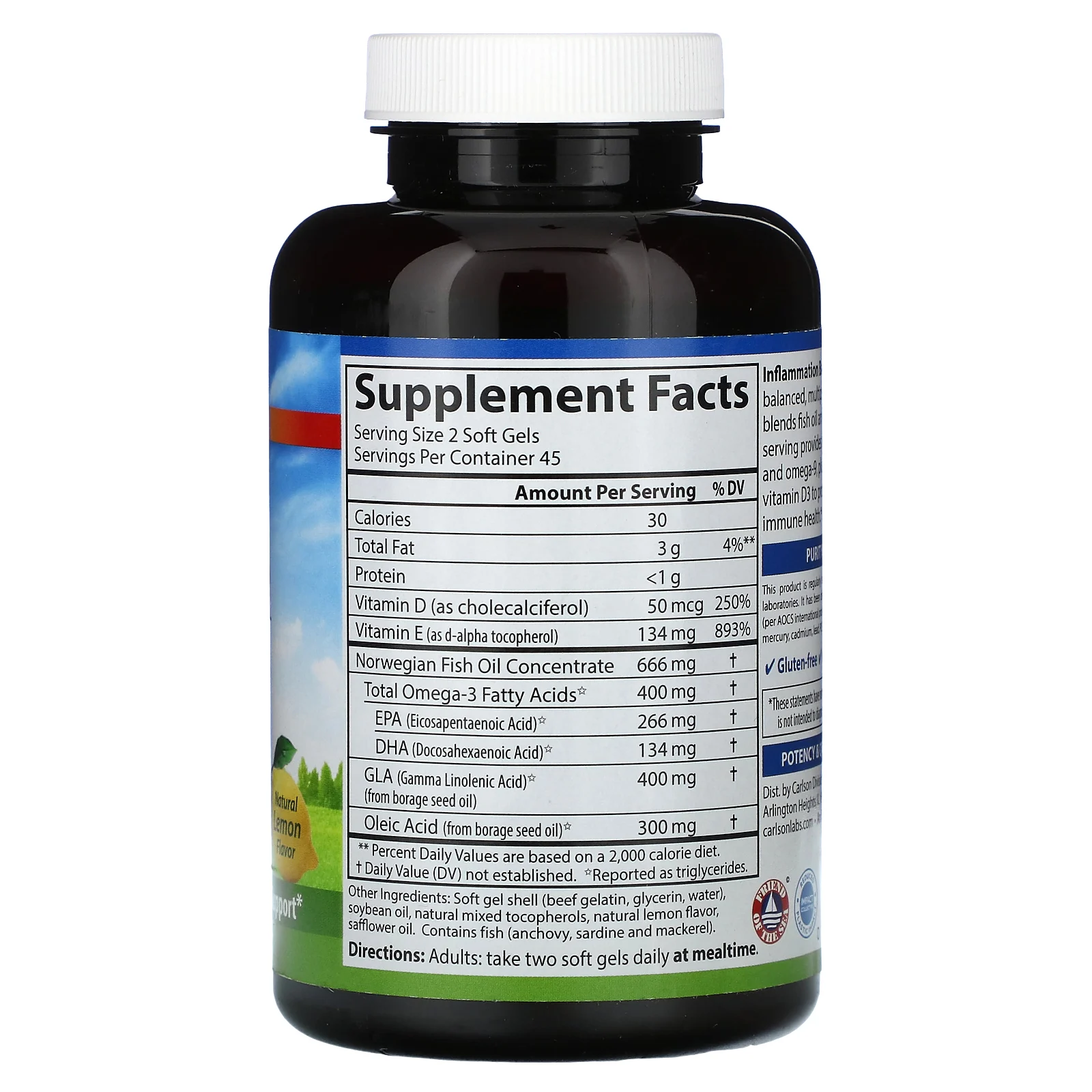 Carlson, Inflammation Balance, D3 с омега-кислотами, натуральный лимонный вкус, 2000 МЕ, 90 капсул (25 мкг (1000 МЕ) в 1 капсуле)