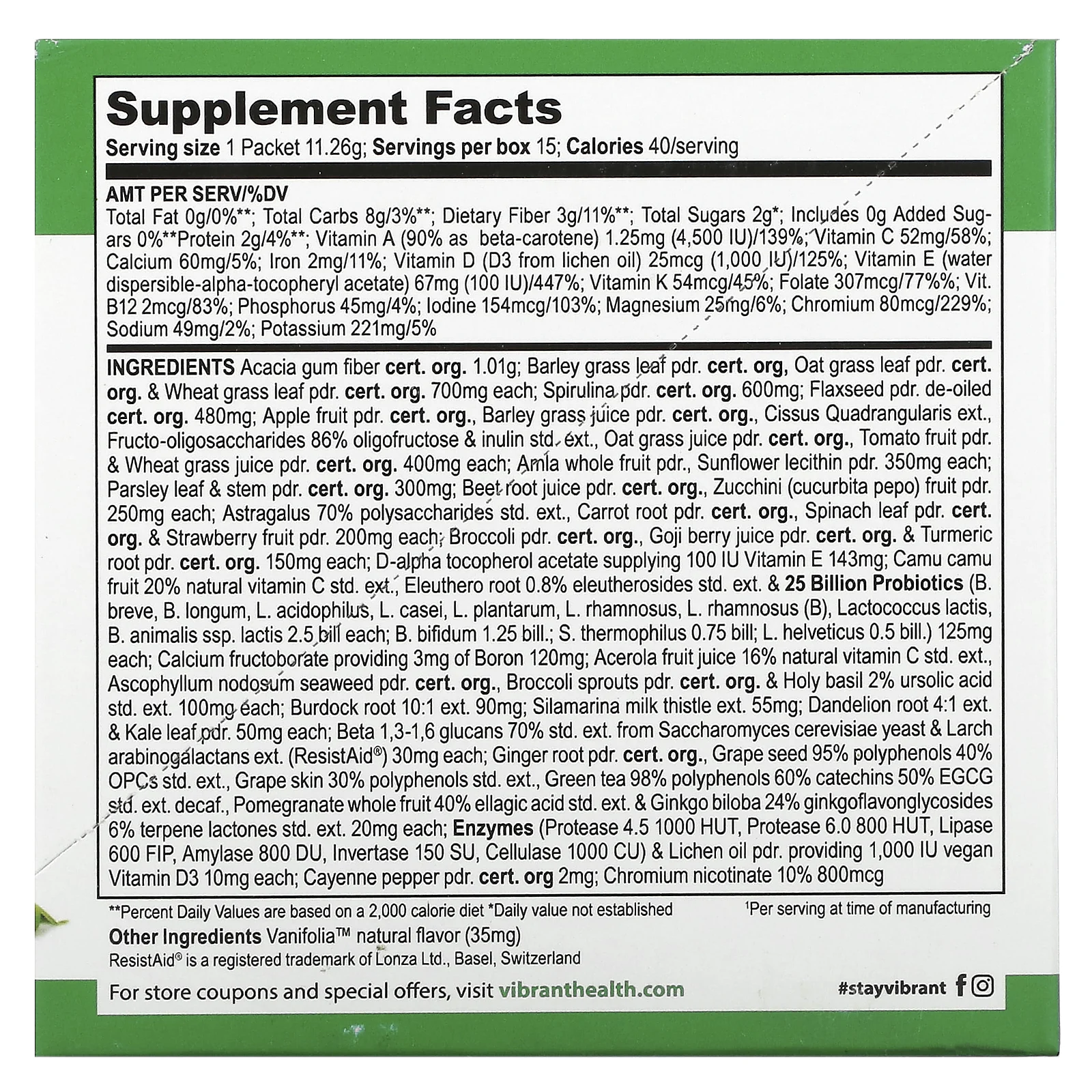 Vibrant Health, Green Vibrance +25 млрд пробиотиков, версия 19.0, 15 пакетиков, 168,9 г (5,96 унции)