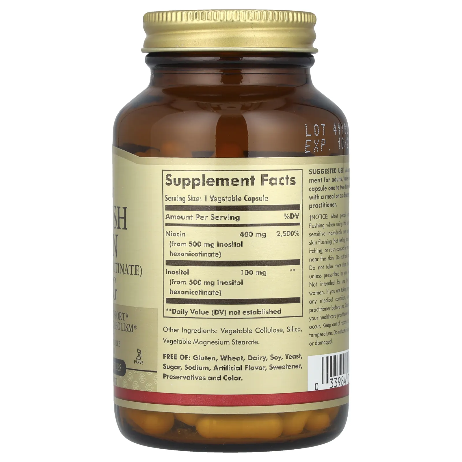 Solgar, ниацин, не вызывающий покраснений, 500 мг, 100 вегетарианских капсул