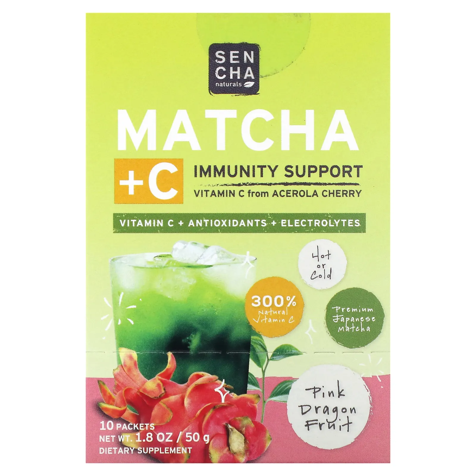 Sencha Naturals, Матча и витамин C, плод розового дракона, 10 пакетиков по 5 г (0,18 унции)