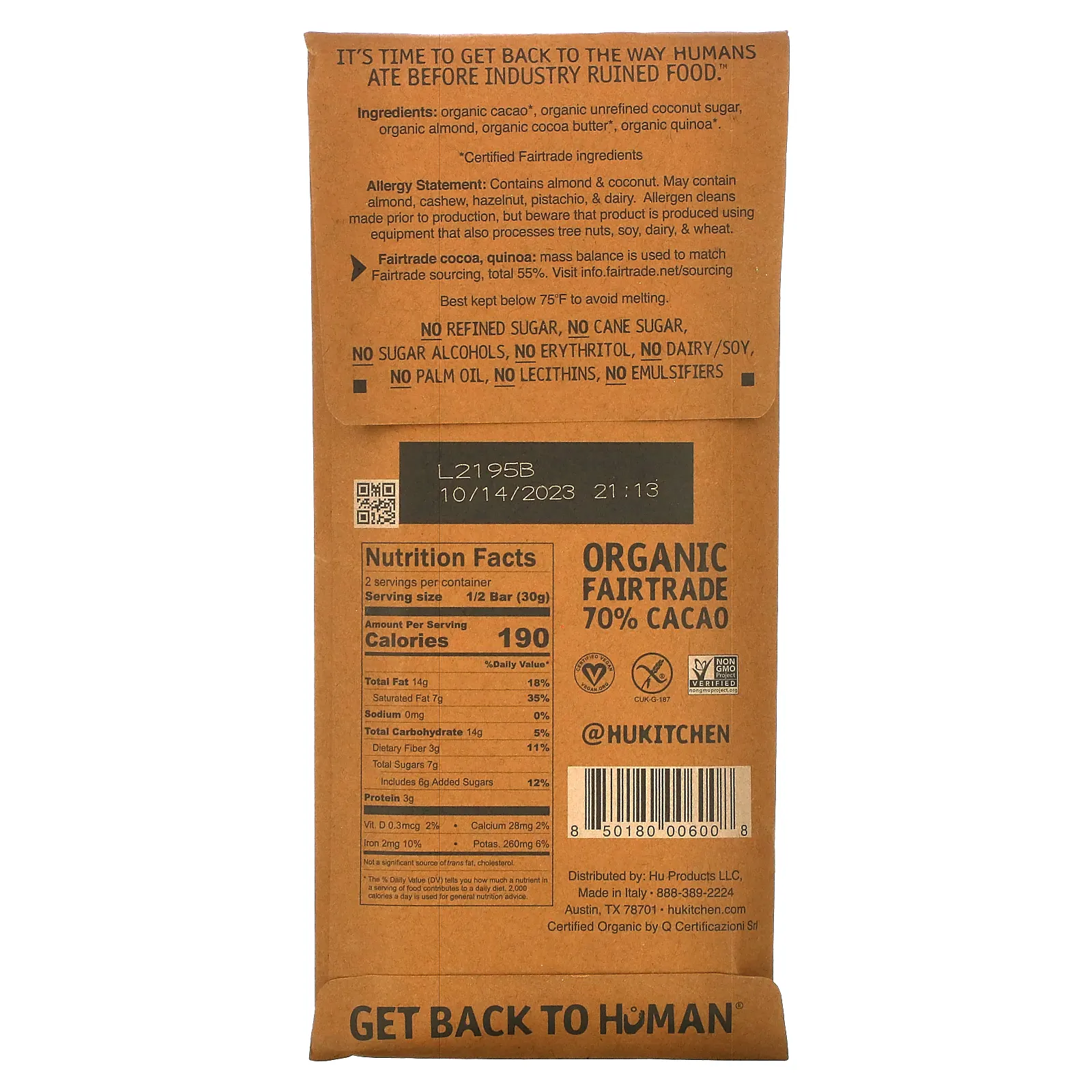 Hu, миндальное масло + плющенная киноа, темный шоколад, 60 г (2,1 унции)