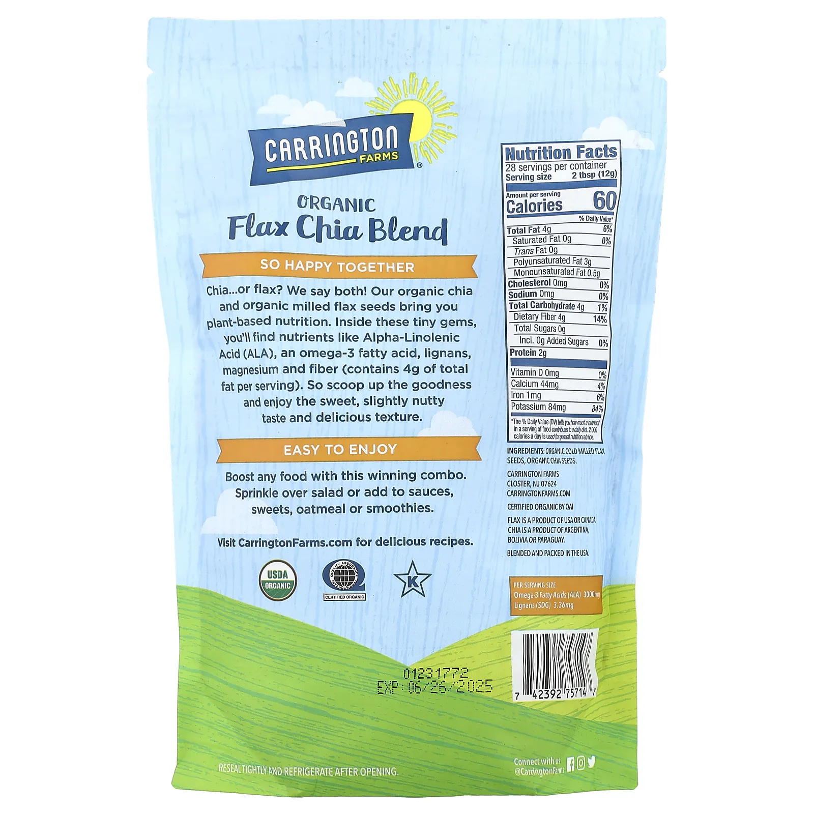 Carrington Farms, Смесь органического льна и чиа, 340 г (12 унций)