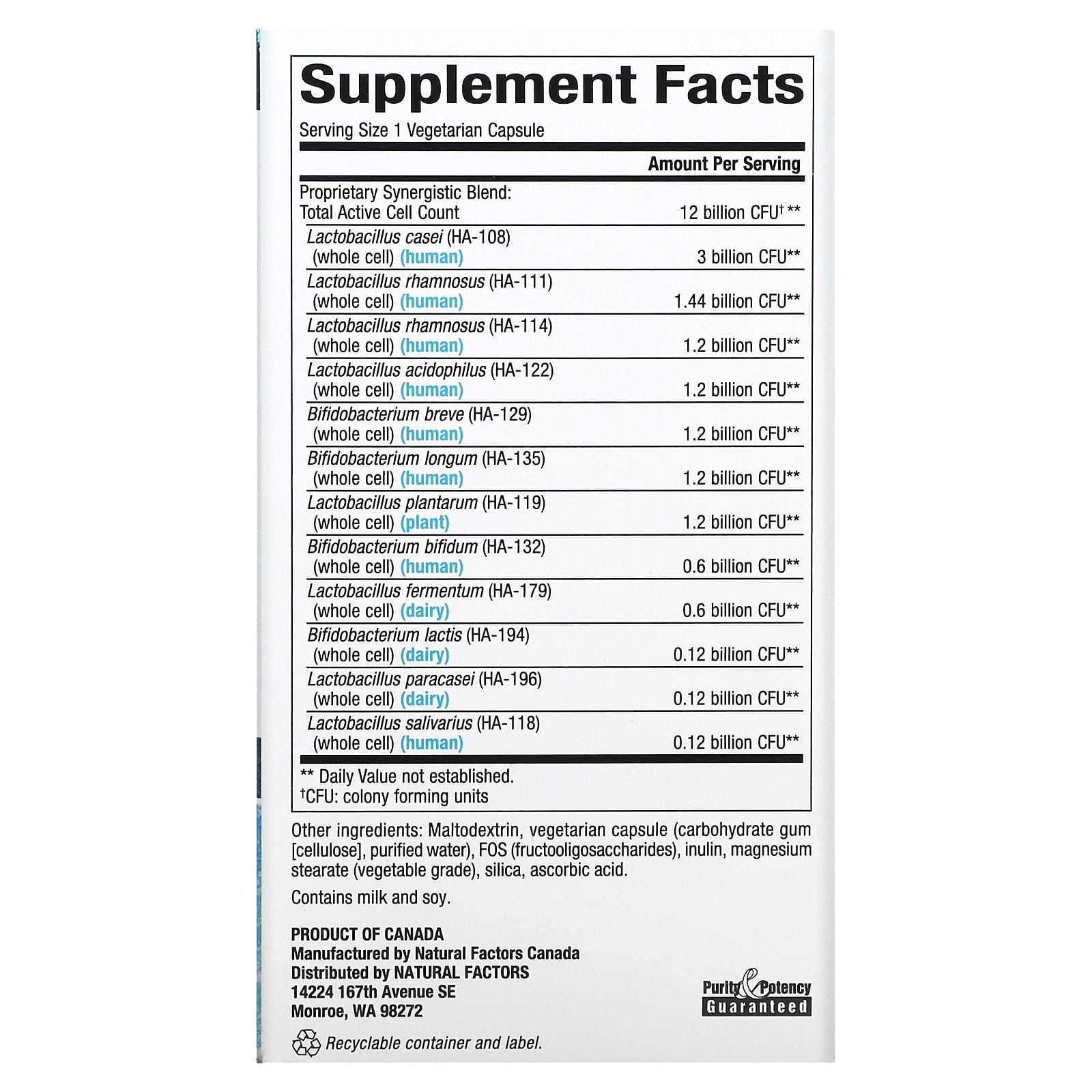 Natural Factors, Ultimate Probiotic, 12/12 Formula, 12 миллиардов КОЕ, 120 растительных капсул