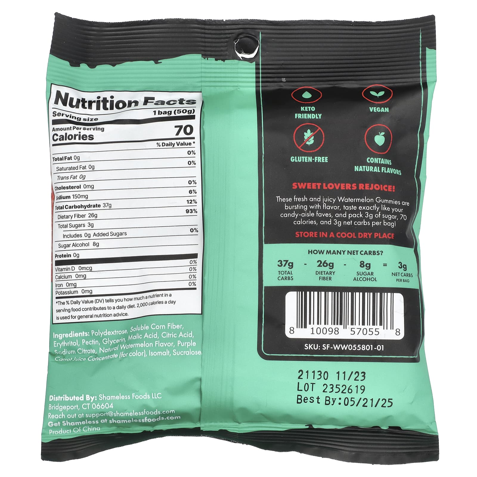 Shameless Snacks, Gummy Candy, арбуз (Wassup), 50 г (1,8 унции)