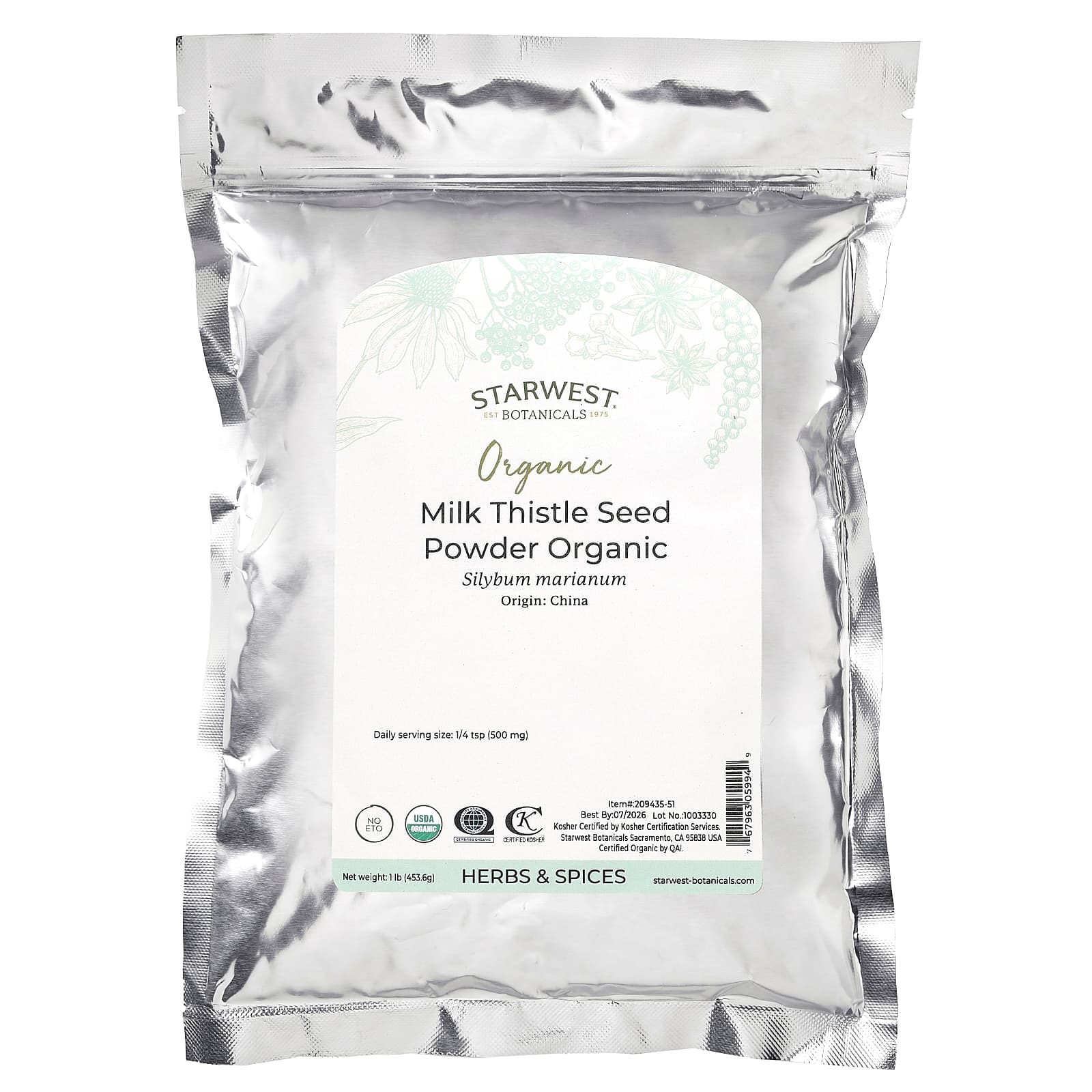 Starwest Botanicals, Порошок из органических семян расторопши, 453,6 г (1 фунт)