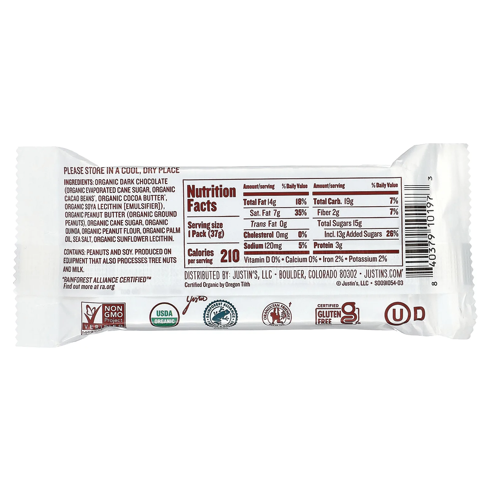 Justin's Nut Butter, органические темные шоколадные конфеты с хрустящей арахисовой пастой, 2 шт., 37 г (1,32 унции)