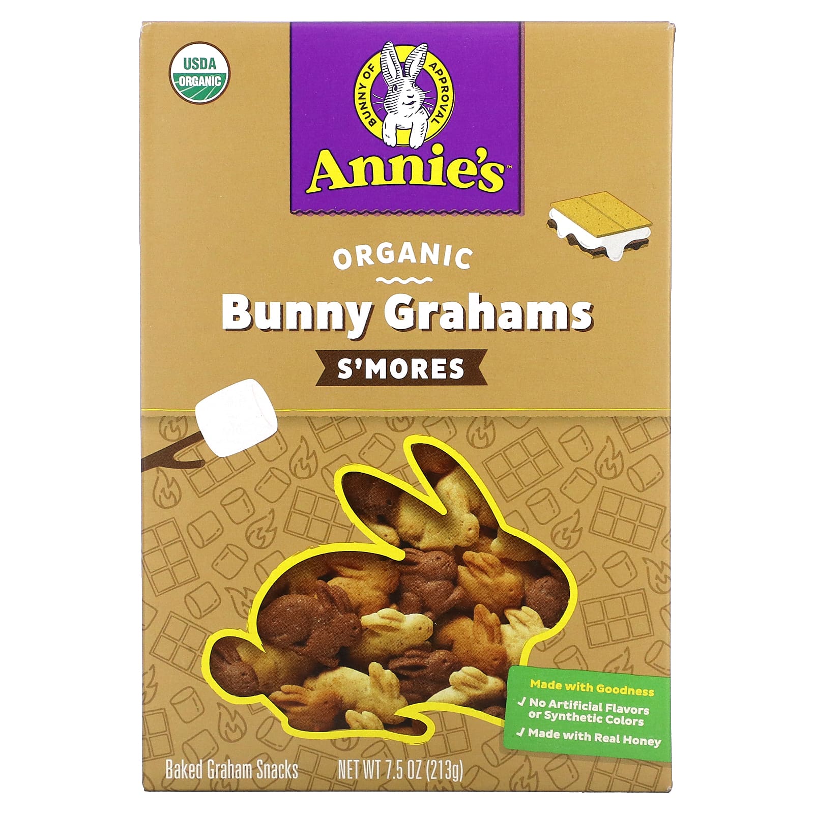 Annie's Homegrown, Органические запеченные снэки с кроликом и грэмом, S'Mores, 213 г (7,5 унции)