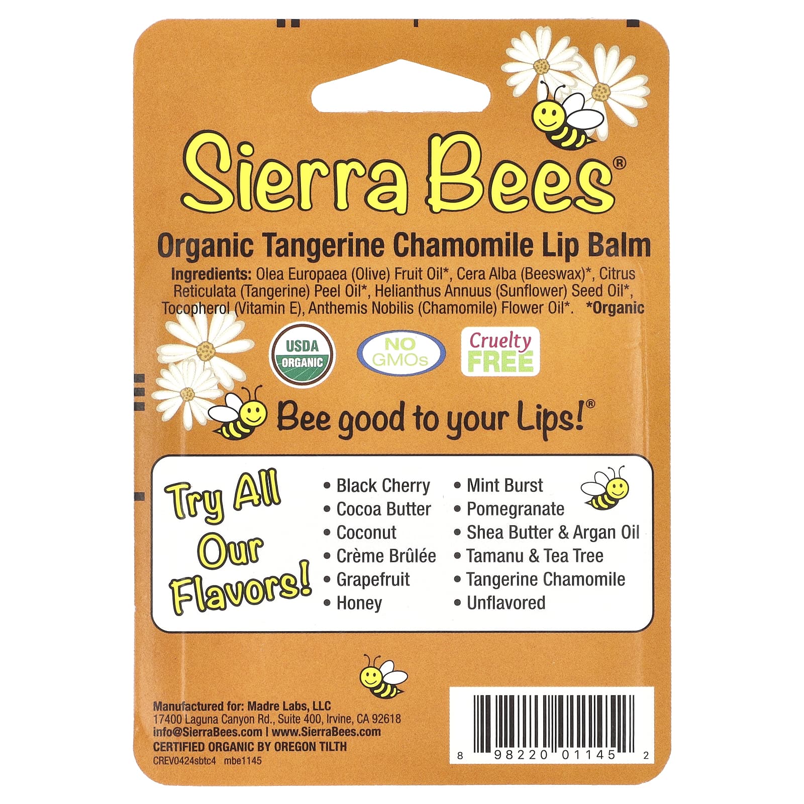 Sierra Bees, Органические бальзамы для губ, мандарин и ромашка, 4 шт. в упаковке, 0,15 унции (4,25 г) каждый