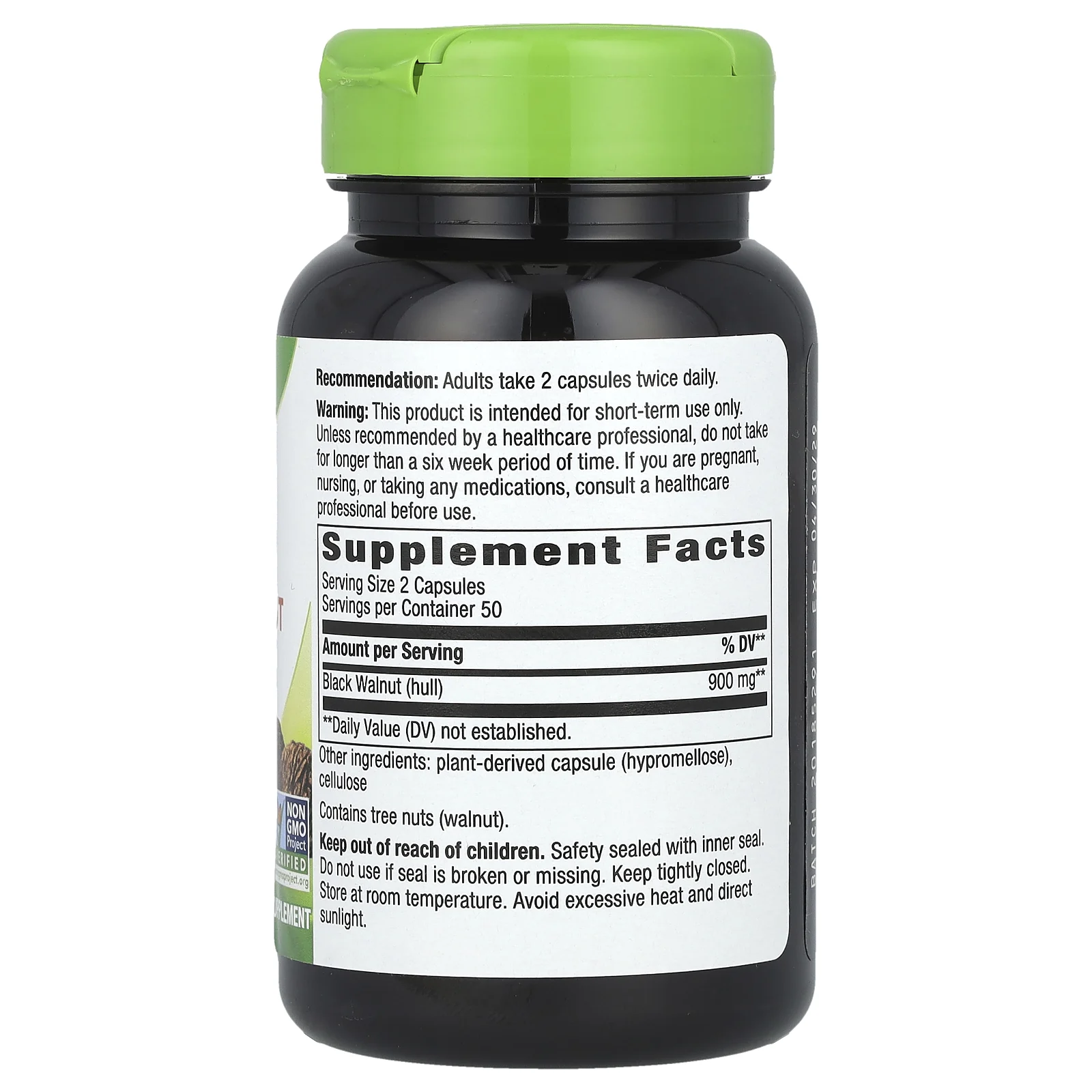 Nature's Way, скорлупа черного ореха, 1000 мг, 100 веганских капсул (500 мг в 1 капсуле)