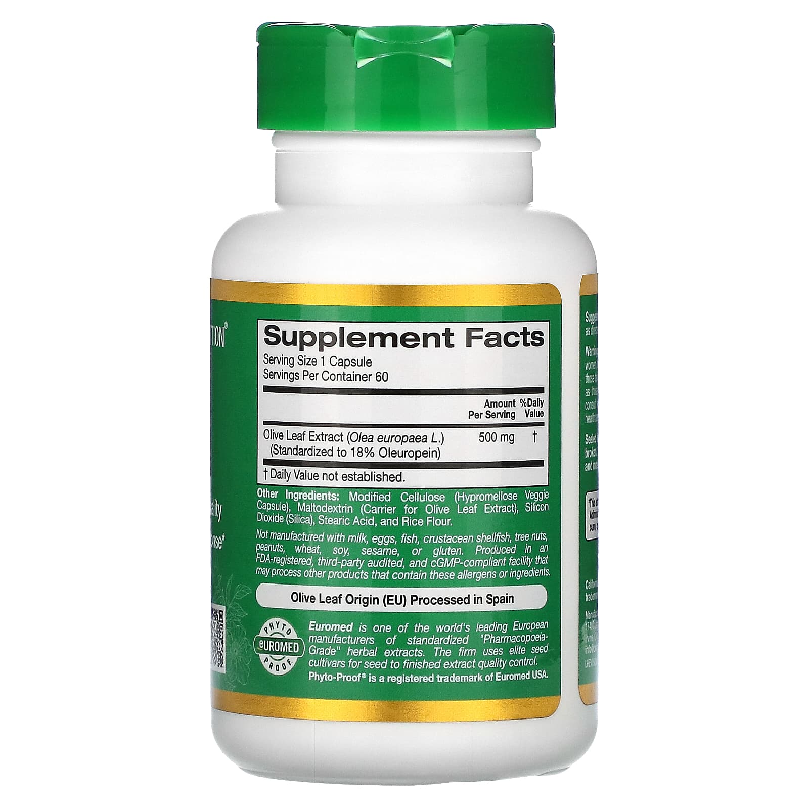 California Gold Nutrition, EuroHerbs, экстракт листьев оливкового дерева, европейское качество, 500 мг, 60 растительных капсул