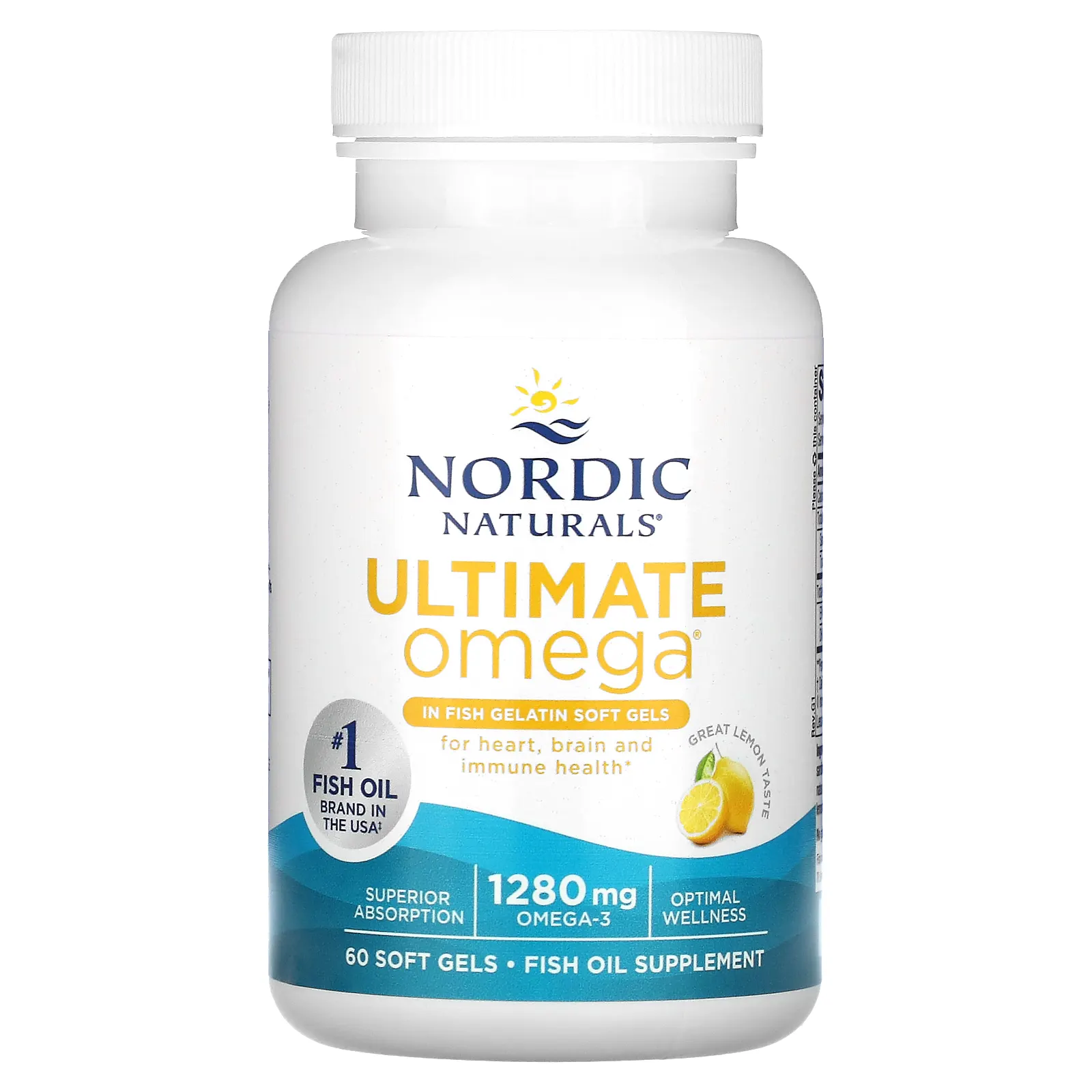 Nordic Naturals, Ultimate Omega, высокоэффективные омега-3 кислоты, со вкусом лимона, 1280 мг, 60 капсул из рыбьего желатина (640 мг в 1 капсуле)