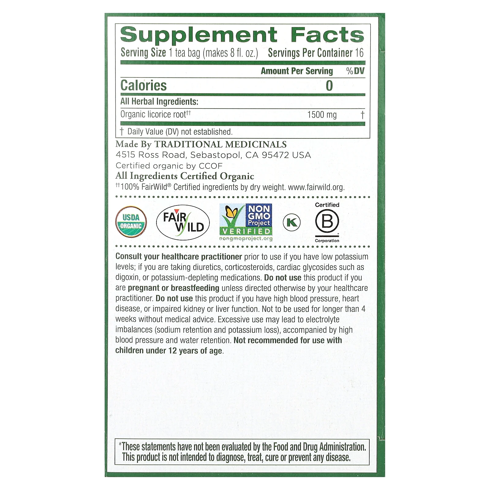 Traditional Medicinals, органический корень солодки, без кофеина, 16 чайных пакетиков, 24 г (0,85 унции)