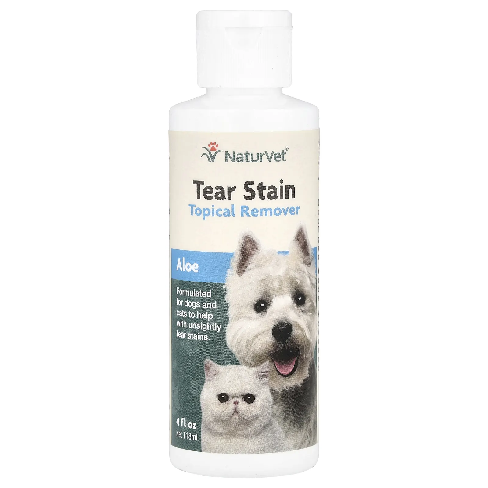 NaturVet, Tear Stain, средство для удаления пятен от слез с шерсти для животных с алоэ, для собак и котов, 118 мл (4 жидк. унции)