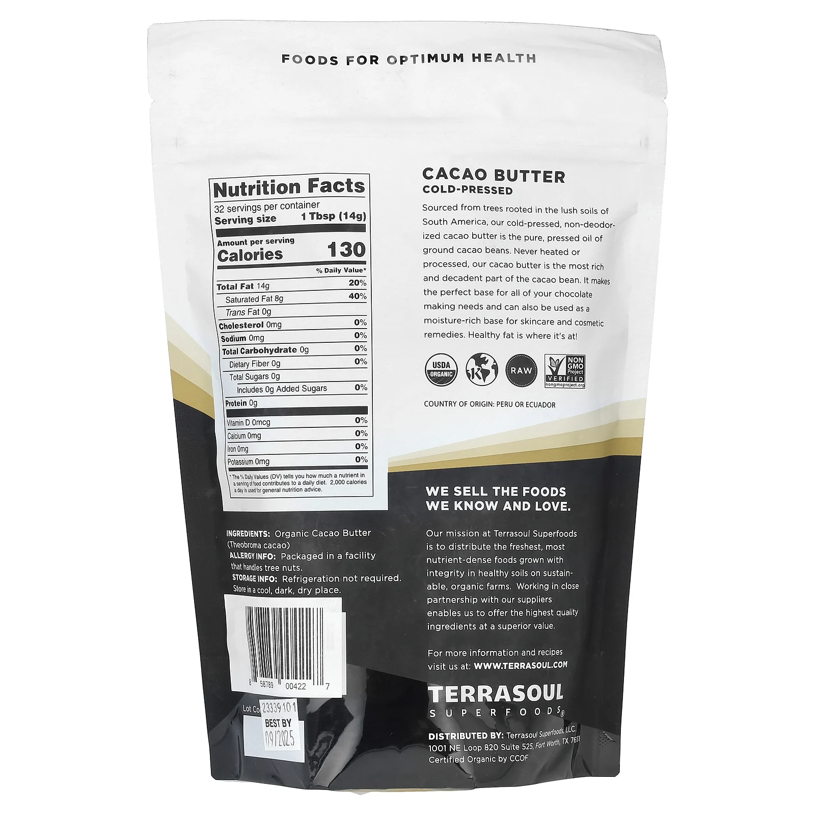 Terrasoul Superfoods, какао-масло, холодного отжима, 454 г (16 унций)