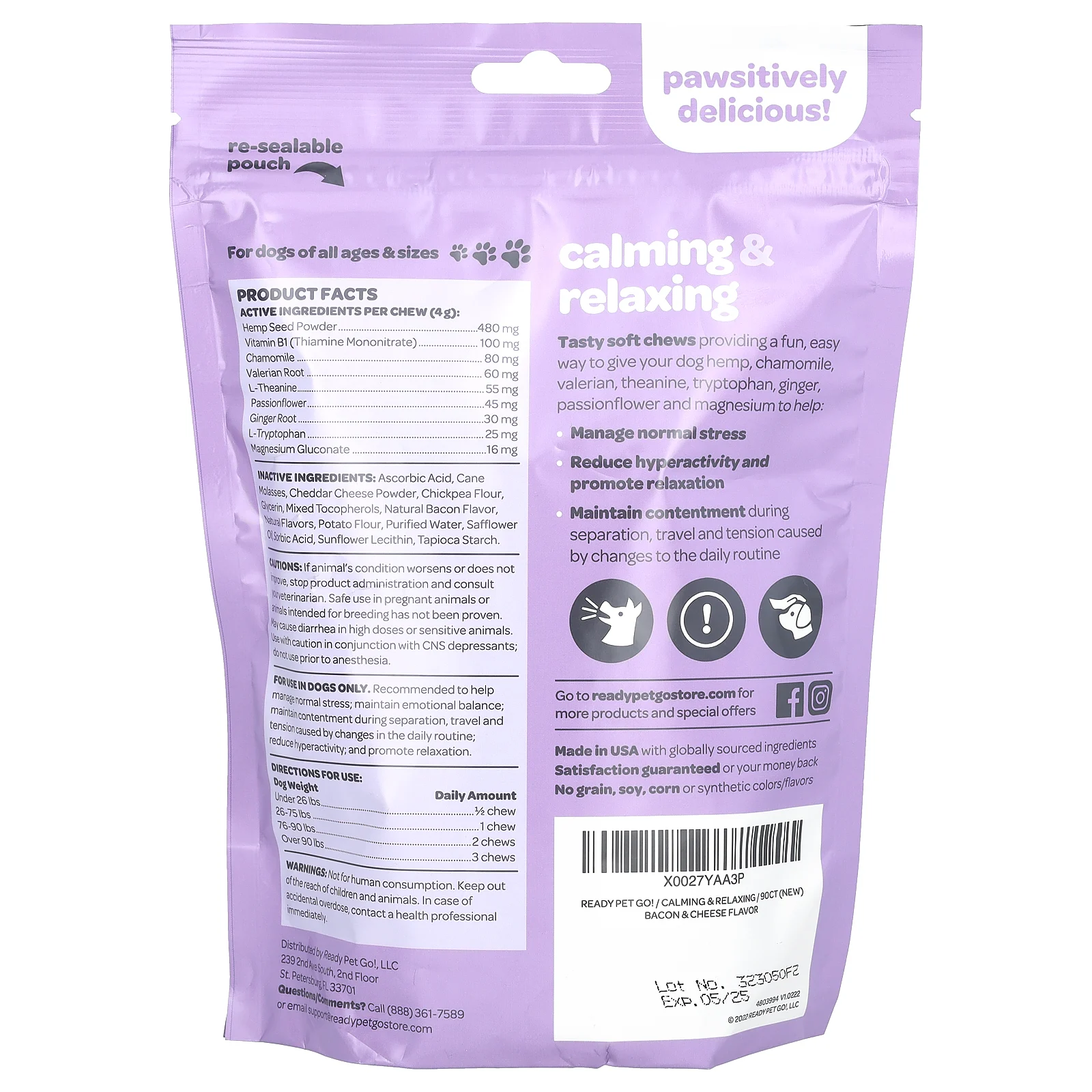 Ready Pet Go, Calming & Relaxing, для собак всех возрастов, с беконом и сыром, 90 мягких жевательных таблеток, 360 г (12,7 унции)