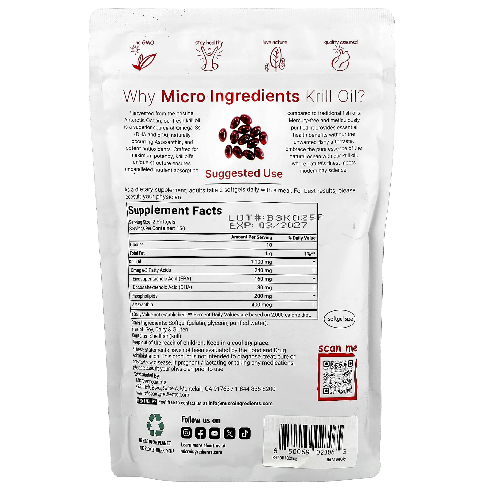 Micro Ingredients, масло антарктического криля, 300 капсул