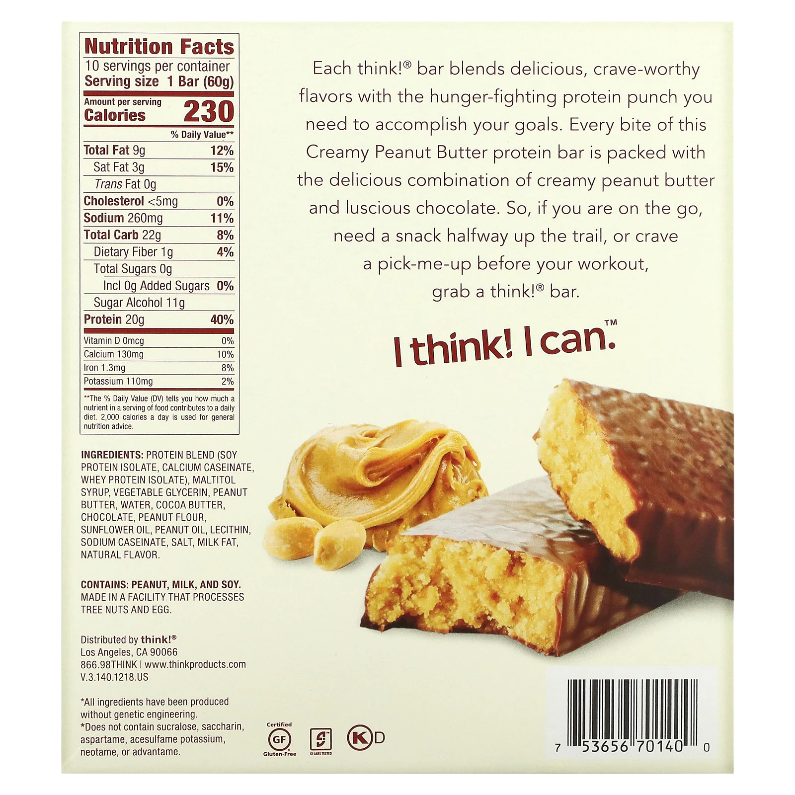 Think !, Протеиновые батончики с высоким содержанием протеина, с арахисовой крем-пастой, 10 батончиков,по 60 г (2,1 унции) каждый