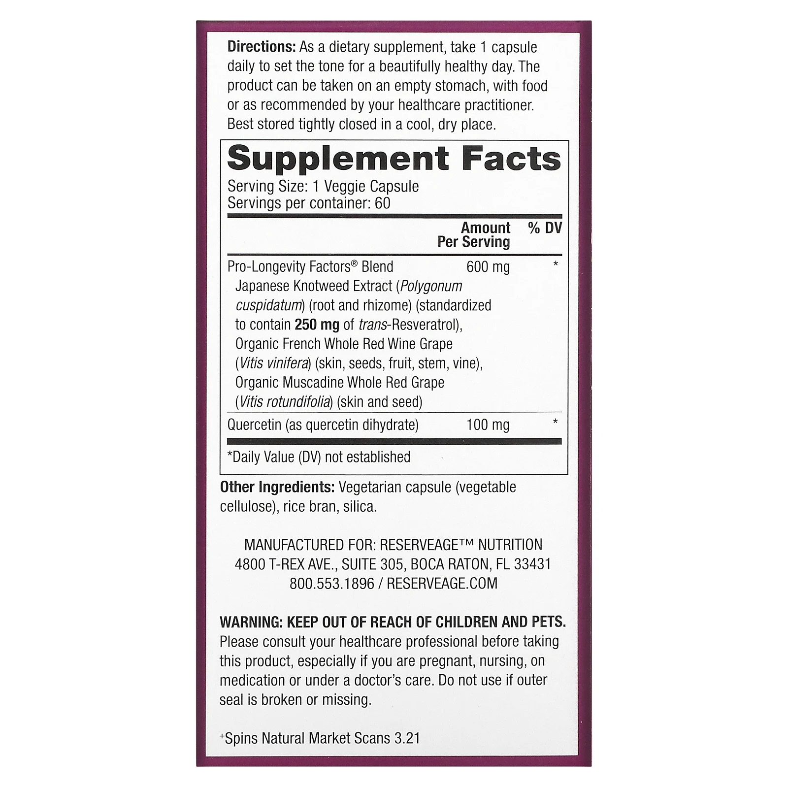 Reserveage Beauty, ресвератрол, транс-ресвератрол, 250 мг, 60 растительных капсул